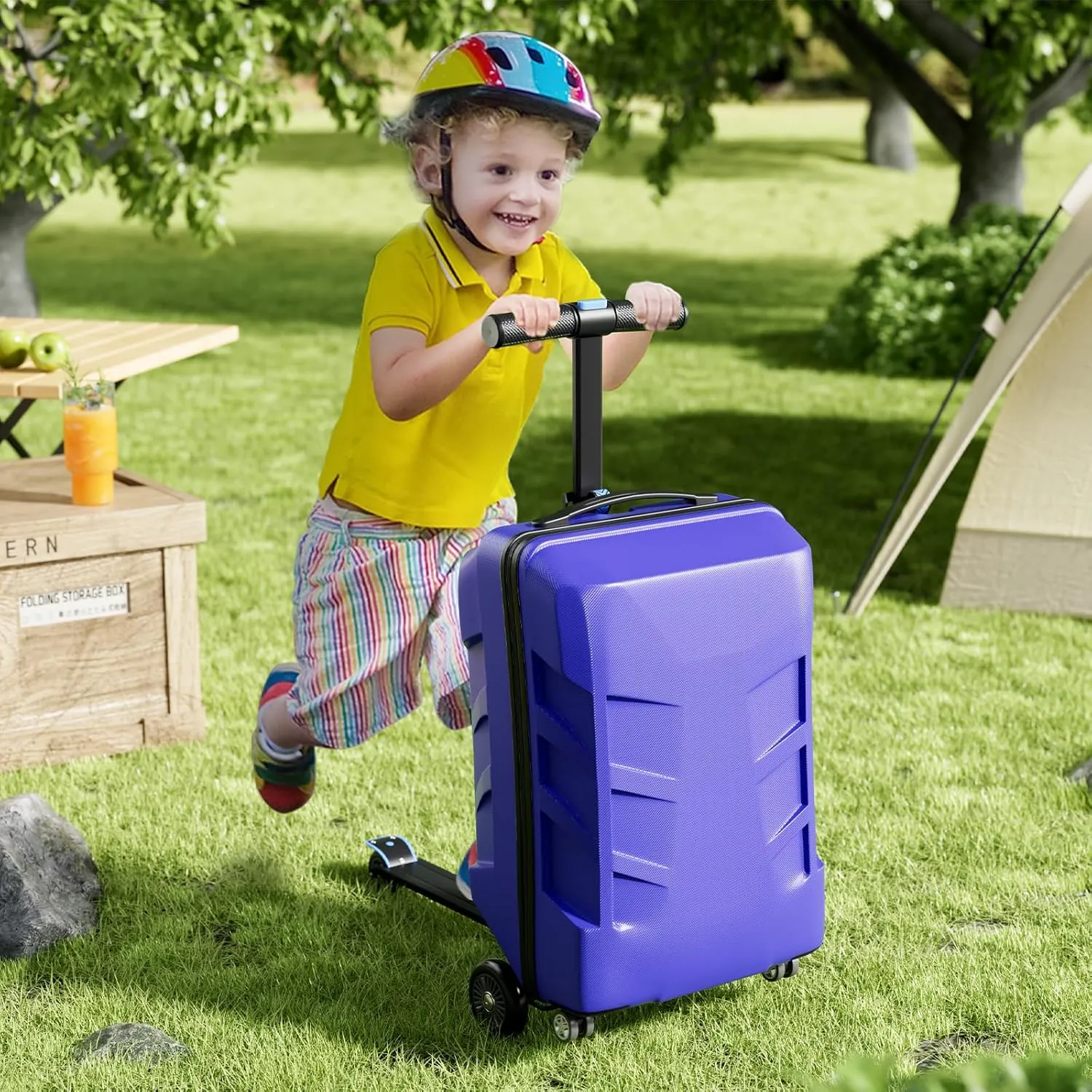 TABU 21" 3-D Hardshell Scooter Suitcase for Kid & Adult, Foldable Carry-on Scooter Luggage with Telescopic Handle, Multifunctional Ride On Lightweight Luggage for Age 4-15, Dark Blue