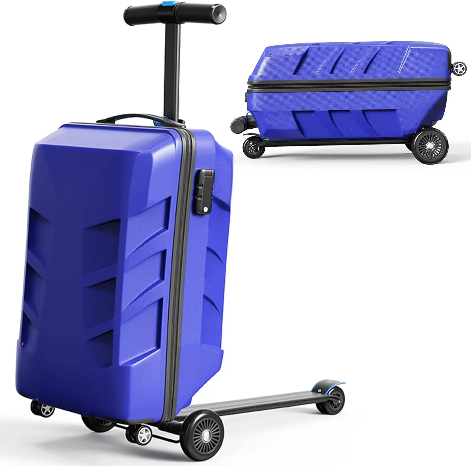 TABU 21" 3-D Hardshell Scooter Suitcase for Kid & Adult, Foldable Carry-on Scooter Luggage with Telescopic Handle, Multifunctional Ride On Lightweight Luggage for Age 4-15, Dark Blue