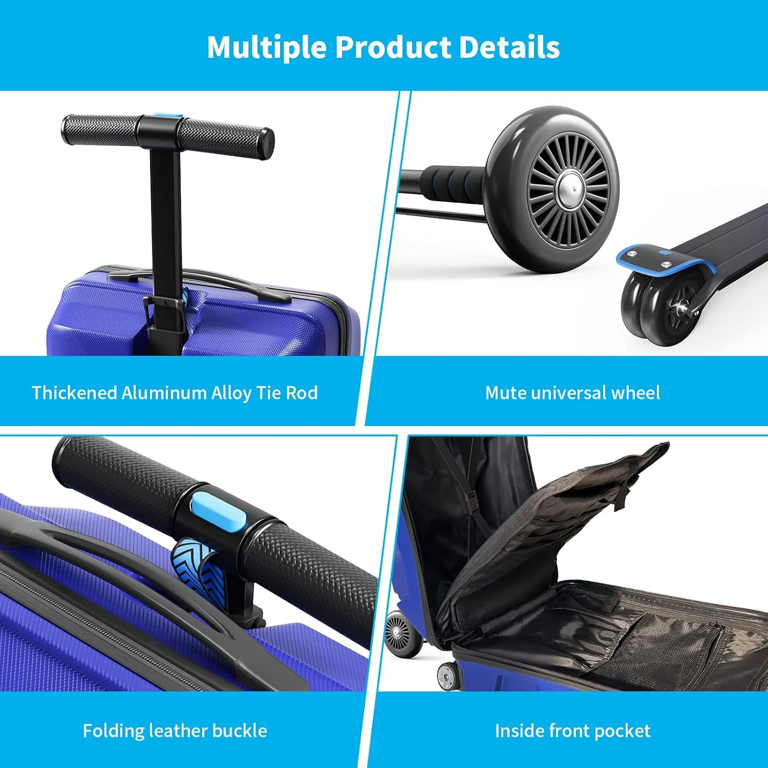 TABU 21" 3-D Hardshell Scooter Suitcase for Kid & Adult, Foldable Carry-on Scooter Luggage with Telescopic Handle, Multifunctional Ride On Lightweight Luggage for Age 4-15, Dark Blue