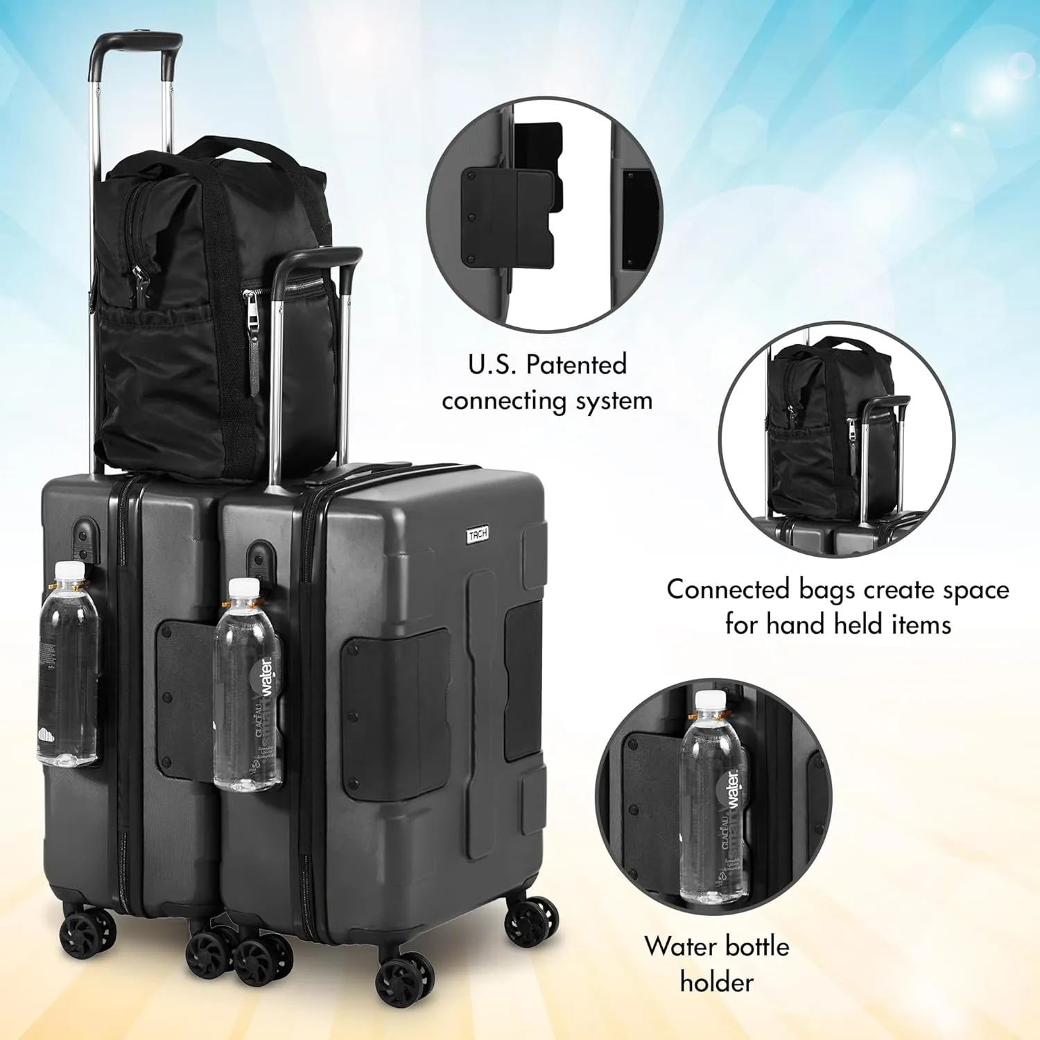 Tach V3.1 Hard Shell Carry On Luggage 20 inch | Carry on Luggage with Spinner Wheels & Patented Built-In Connecting System | One Piece Rolling Suitcase Links 9 Bags At Once (Grey)