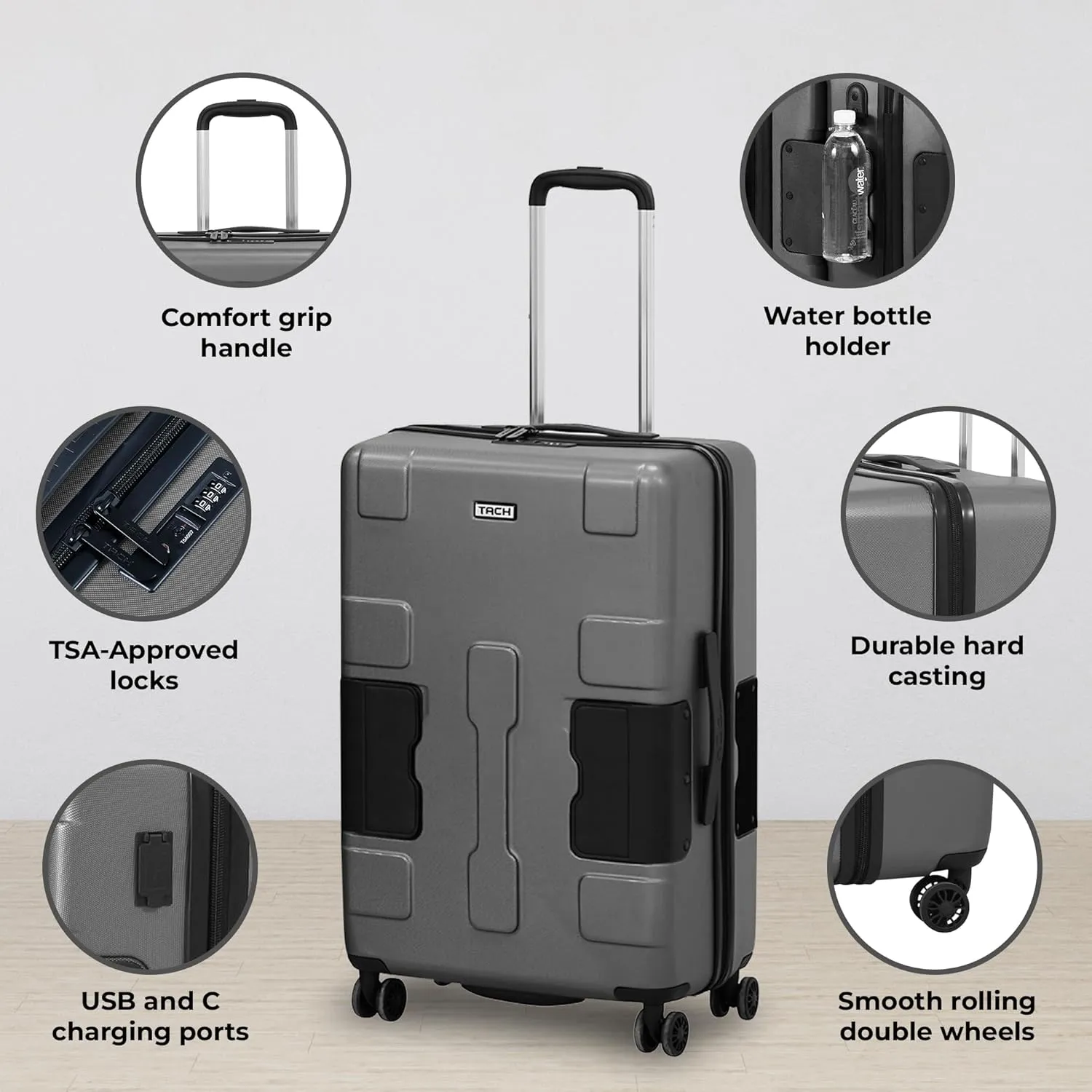 Tach V3.1 Hard Shell Carry On Luggage 20 inch | Carry on Luggage with Spinner Wheels & Patented Built-In Connecting System | One Piece Rolling Suitcase Links 9 Bags At Once (Grey)