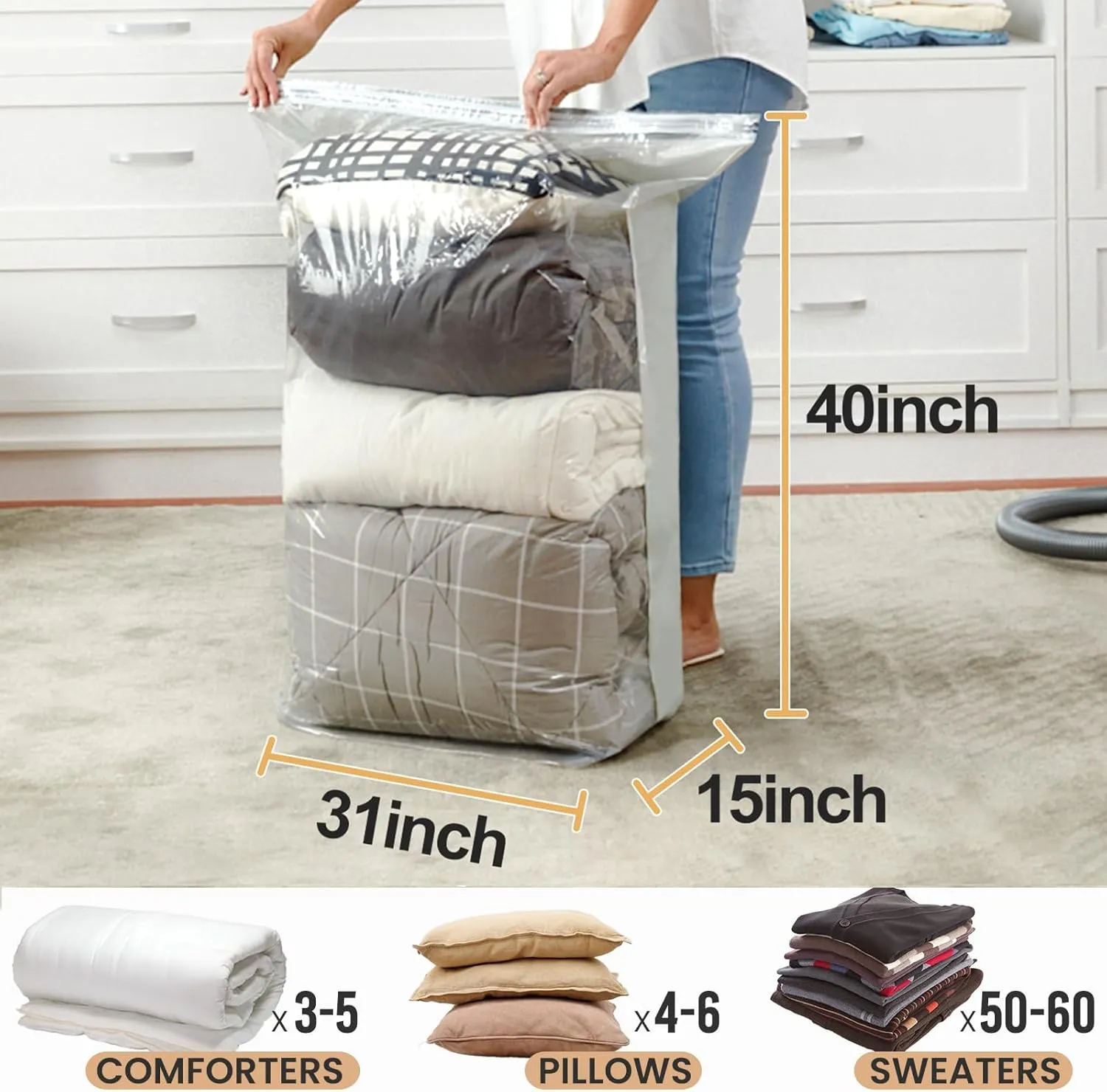 TAILI 12 Pack Vacuum Storage Bags, Space Saver Bags, Jumbo Cube 31x40x15 Inch, Extra Large Vacuum Seal Bags for Comforters, Blankets, Bedding, Clothing, Space Saving Closet Organization, Cream
