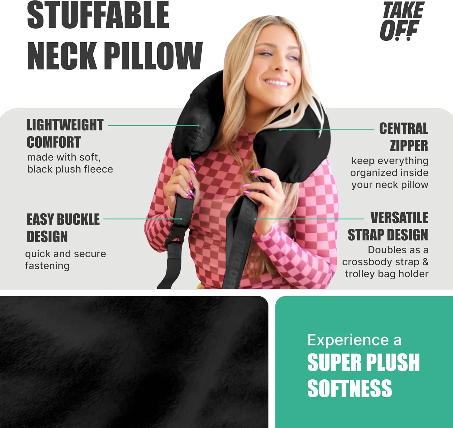 Take OFF Luggage - Stuffable Travel Neck Pillow for Extra Storage, Fits 3 Days of Essentials, Carry On Airplane, Car & Road Trip Accessories, Compact, Adjustable & Soft for Comfort, No Filler - Black