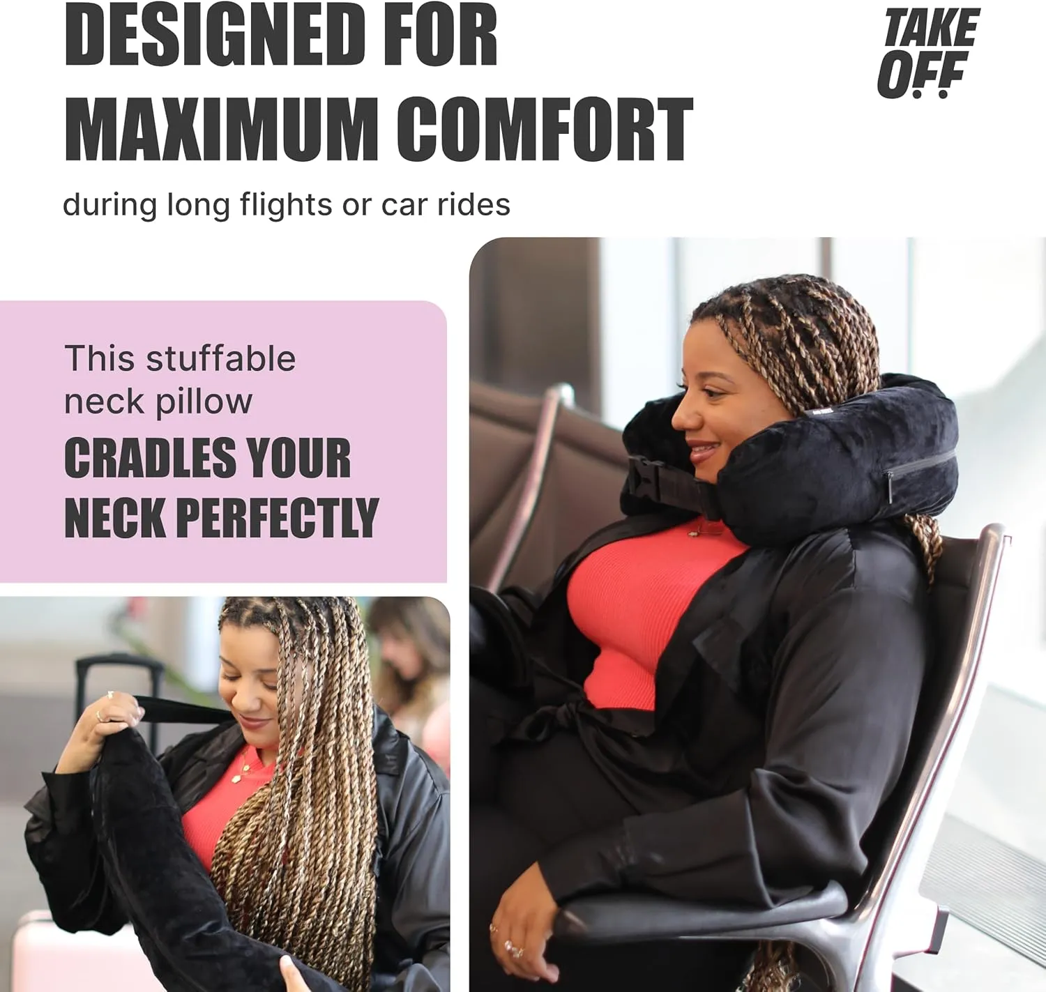 Take OFF Luggage - Stuffable Travel Neck Pillow for Extra Storage, Fits 3 Days of Essentials, Carry On Airplane, Car & Road Trip Accessories, Compact, Adjustable & Soft for Comfort, No Filler - Black