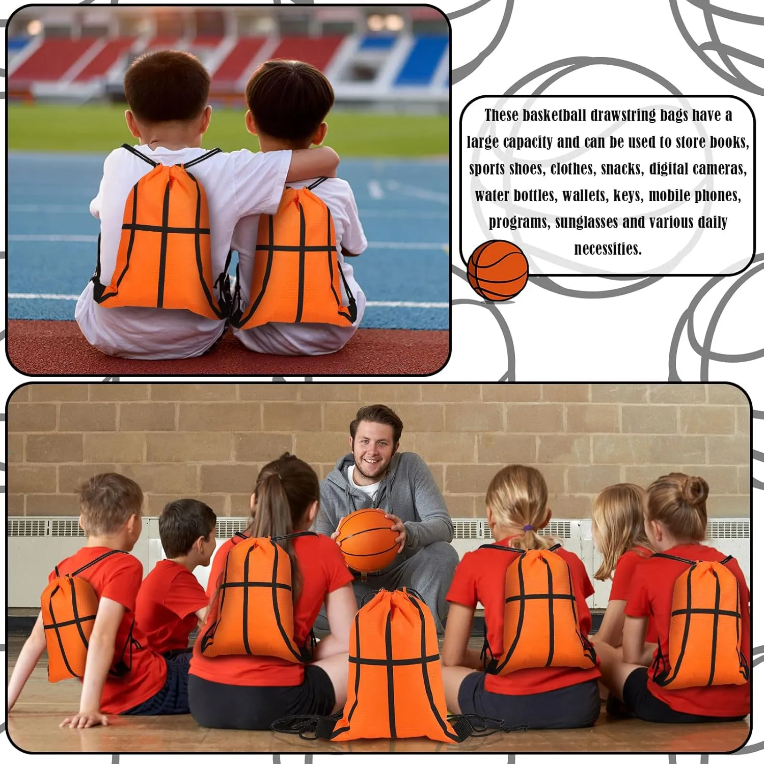 Tanlade 24 Pcs Sport Drawstring Bags Cinch Sack Candy Drawstring Bag Sport Party Goodie Favor Bags Supplies Gifts for Sports Party Men Women (Basketball,7 x 10 Inch)