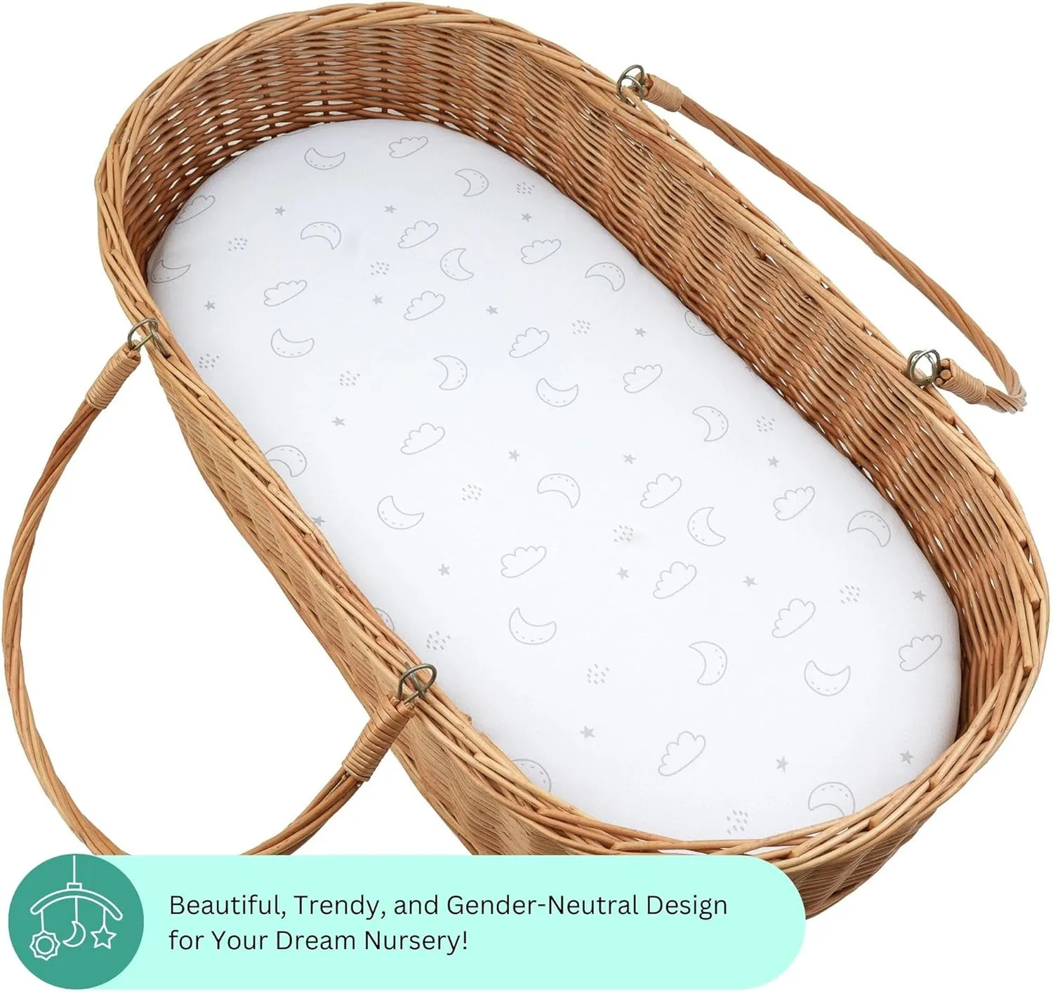 TansyPanda Bassinet Sheets for Munchkin Brica Pod, 4moms MamaRoo, Nordmiex, Beberoad Travel Bassinet, 3PC, 18 x 30 Inch, Ultra Soft, Breathable, Snug Fit, Unisex Boys and Girls (Moon, Stars, Clouds)