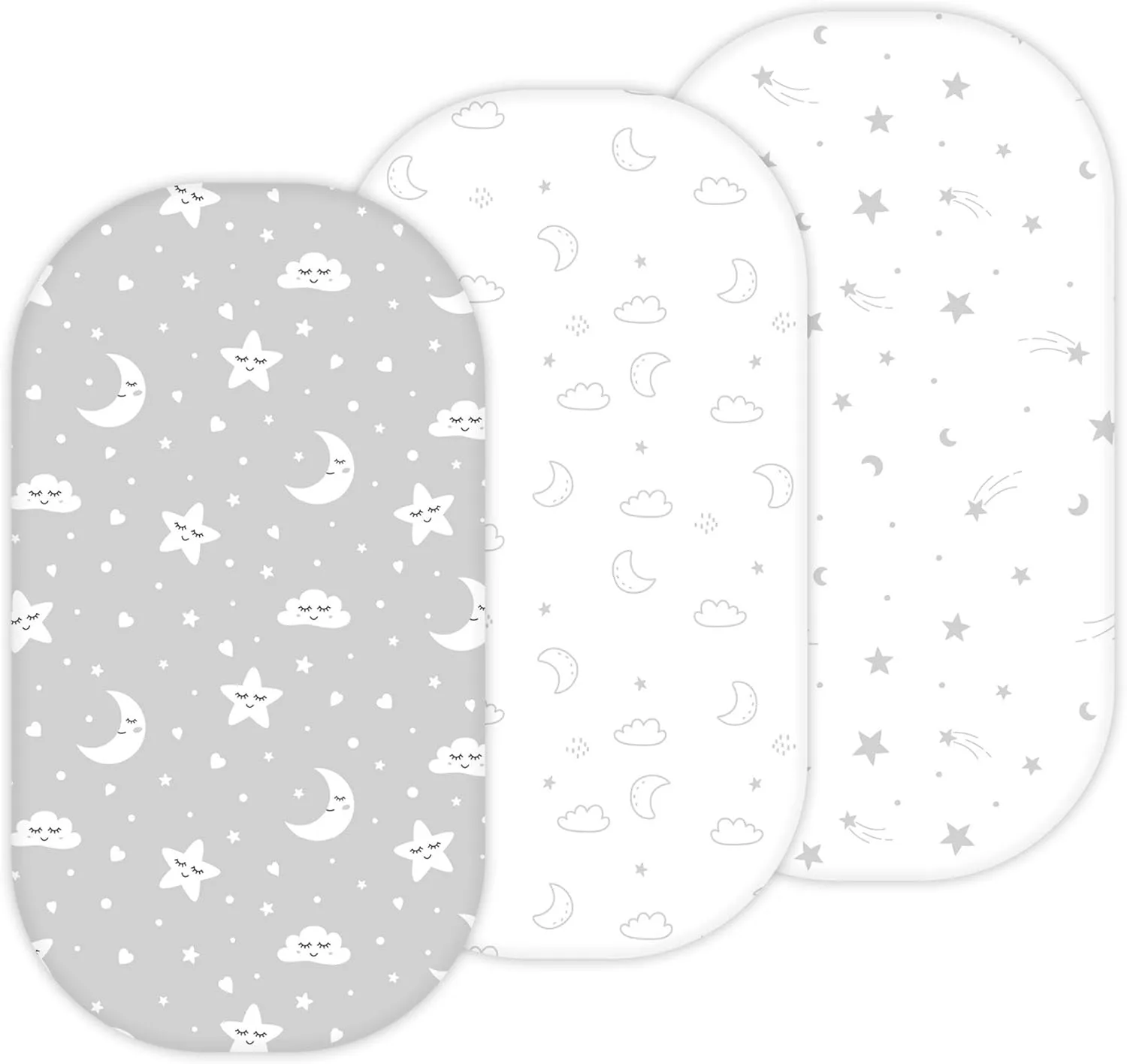 TansyPanda Bassinet Sheets for Munchkin Brica Pod, 4moms MamaRoo, Nordmiex, Beberoad Travel Bassinet, 3PC, 18 x 30 Inch, Ultra Soft, Breathable, Snug Fit, Unisex Boys and Girls (Moon, Stars, Clouds)