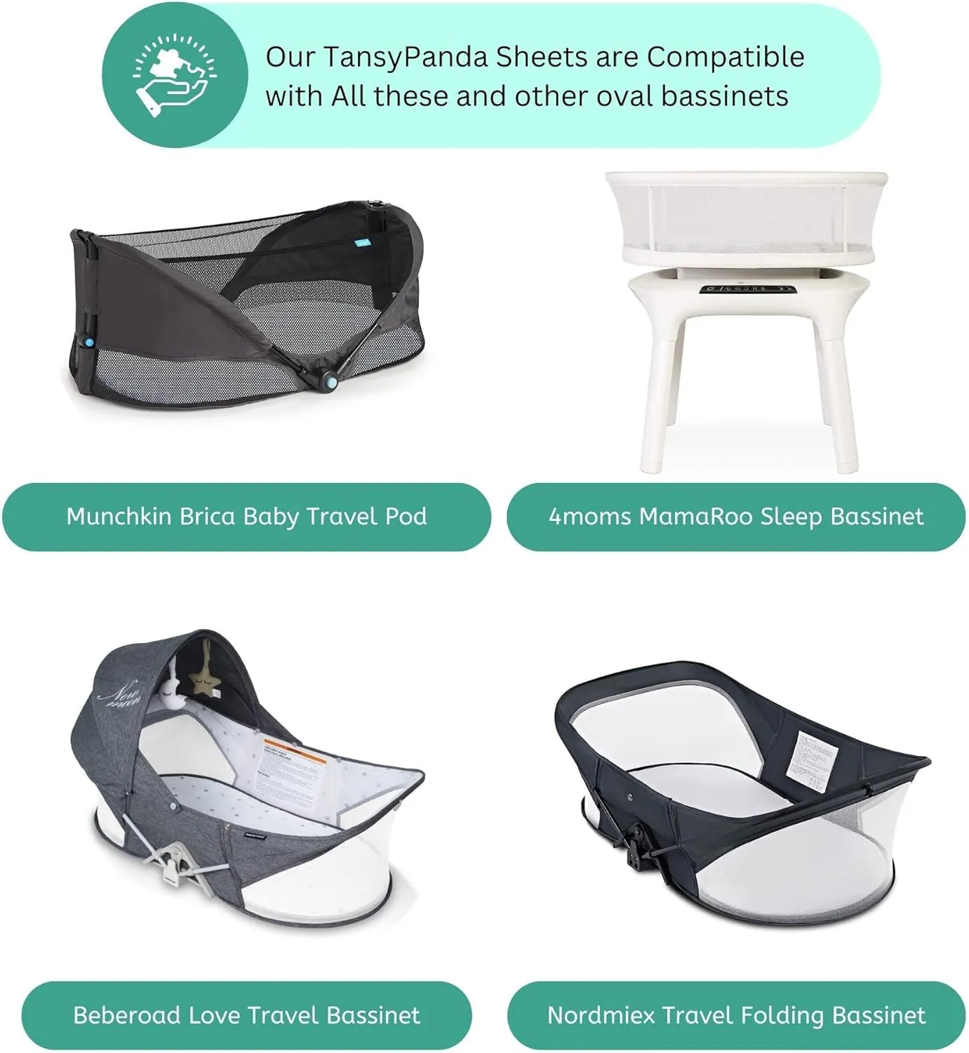 TansyPanda Bassinet Sheets for Munchkin Brica Pod, 4moms MamaRoo, Nordmiex, Beberoad Travel Bassinet, 3PC, 18 x 30 Inch, Ultra Soft, Breathable, Snug Fit, Unisex Boys and Girls (Moon, Stars, Clouds)