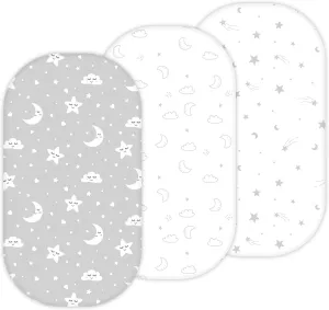 TansyPanda Bassinet Sheets for Munchkin Brica Pod, 4moms MamaRoo, Nordmiex, Beberoad Travel Bassinet, 3PC, 18 x 30 Inch, Ultra Soft, Breathable, Snug Fit, Unisex Boys and Girls (Moon, Stars, Clouds)