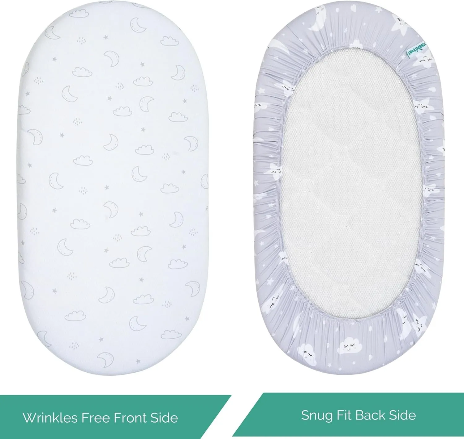 TansyPanda Bassinet Sheets for Munchkin Brica Pod, 4moms MamaRoo, Nordmiex, Beberoad Travel Bassinet, 3PC, 18 x 30 Inch, Ultra Soft, Breathable, Snug Fit, Unisex Boys and Girls (Moon, Stars, Clouds)
