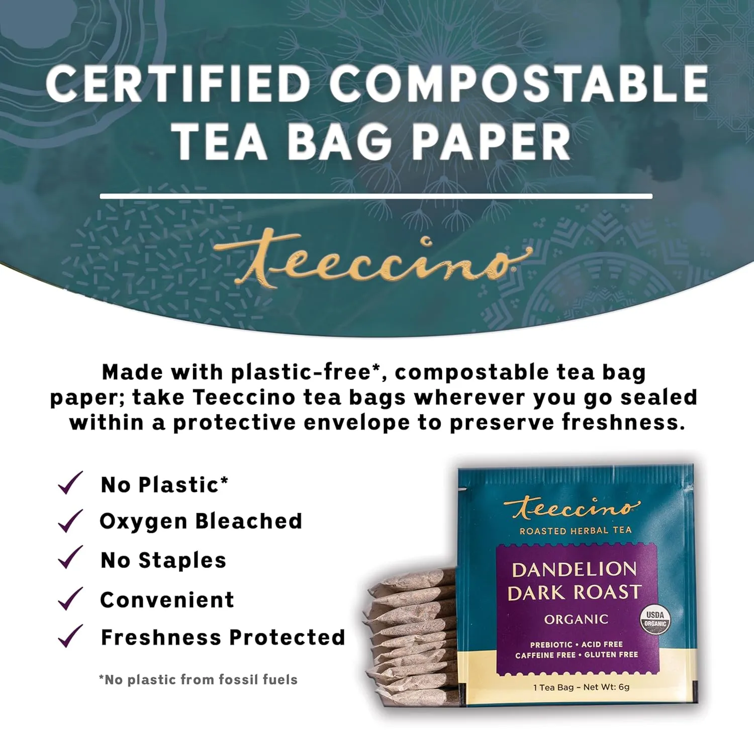 Teeccino Dandelion Tea – Dark Roast – Rich & Roasted Herbal Tea That’s Caffeine Free & Prebiotic with Detoxifying Dandelion Root, 10 Tea Bags (Pack of 4)