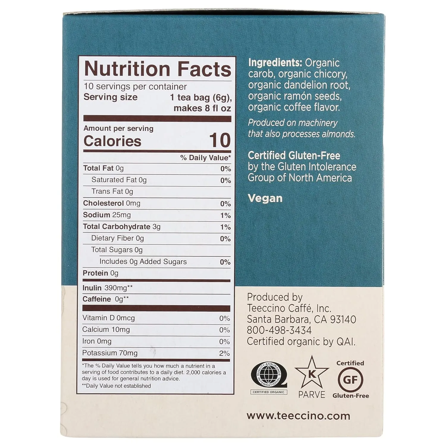 Teeccino Dandelion Tea – Dark Roast – Rich & Roasted Herbal Tea That’s Caffeine Free & Prebiotic with Detoxifying Dandelion Root, 10 Tea Bags (Pack of 4)