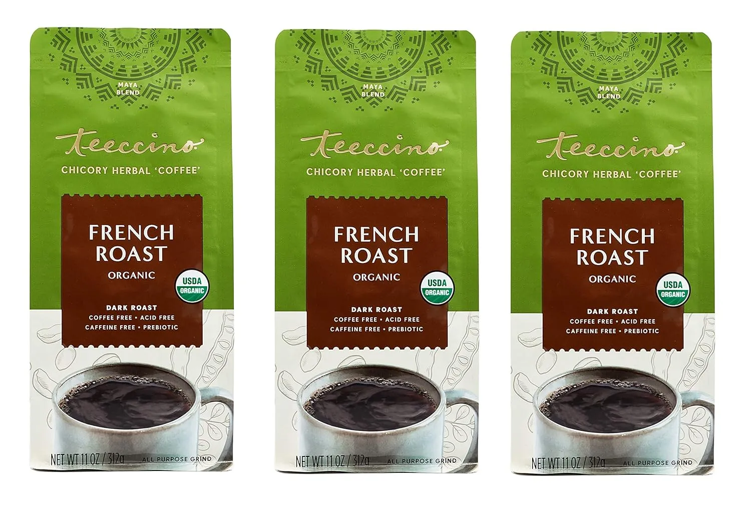 Teeccino Organic Caffeine Free Herbal Coffee, Maya French Roast, 11-Ounce Bags (Pack of 3)