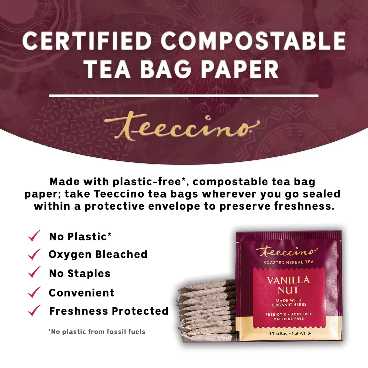 Teeccino Vanilla Nut Herbal Tea - Rich & Roasted Herbal Tea That’s Caffeine Free & Prebiotic for Natural Energy, 25 Tea Bags (Pack of 3)