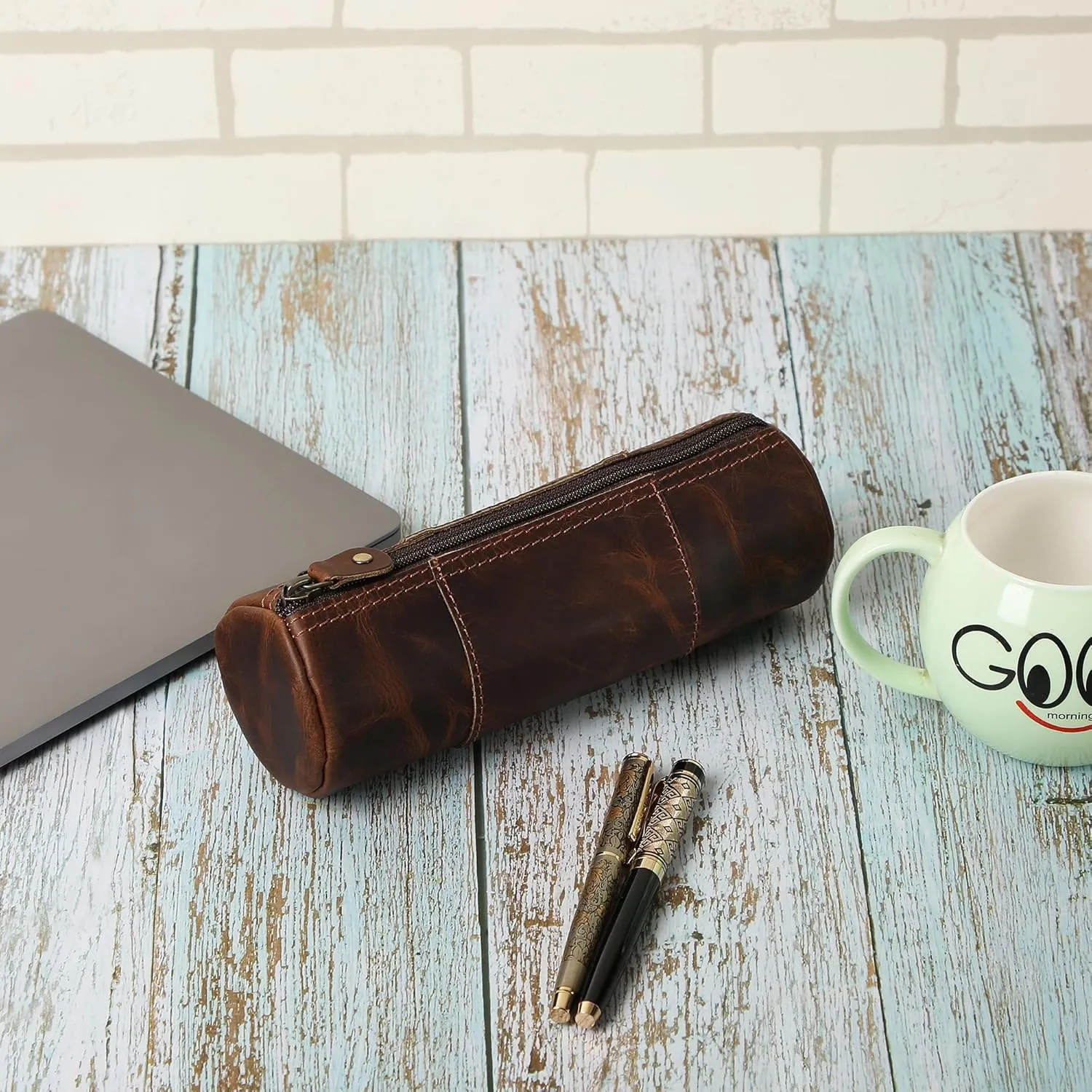 The Antiq Brown Leather Pencil Case, Makeup & Stationery Bag, Zipper Pouch for Daily Essentials, Compact & Stylish Cosmetic Pouch, Multifunctional Storage Organizer, Handmade Durable Leather Bag