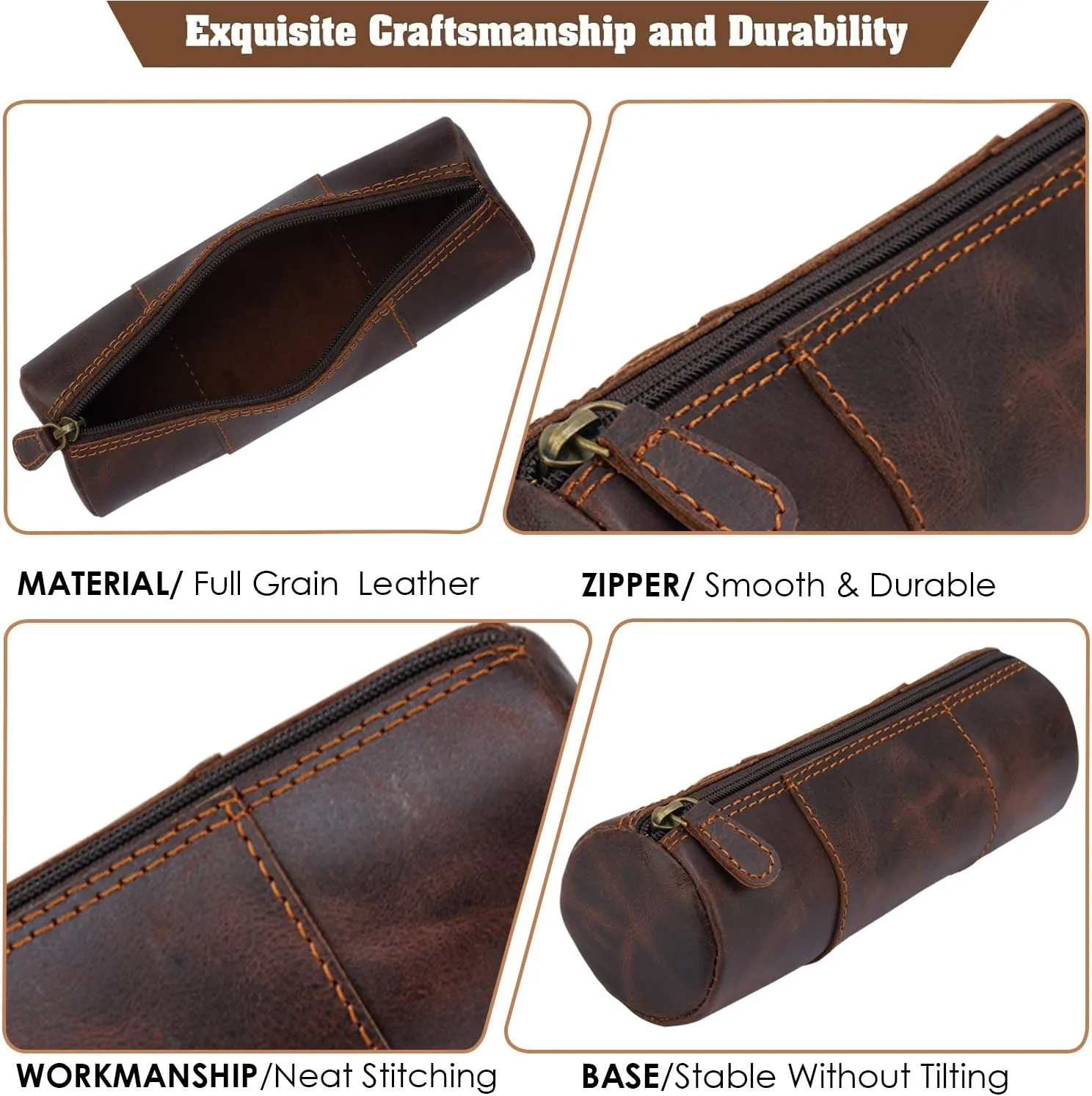 The Antiq Brown Leather Pencil Case, Makeup & Stationery Bag, Zipper Pouch for Daily Essentials, Compact & Stylish Cosmetic Pouch, Multifunctional Storage Organizer, Handmade Durable Leather Bag