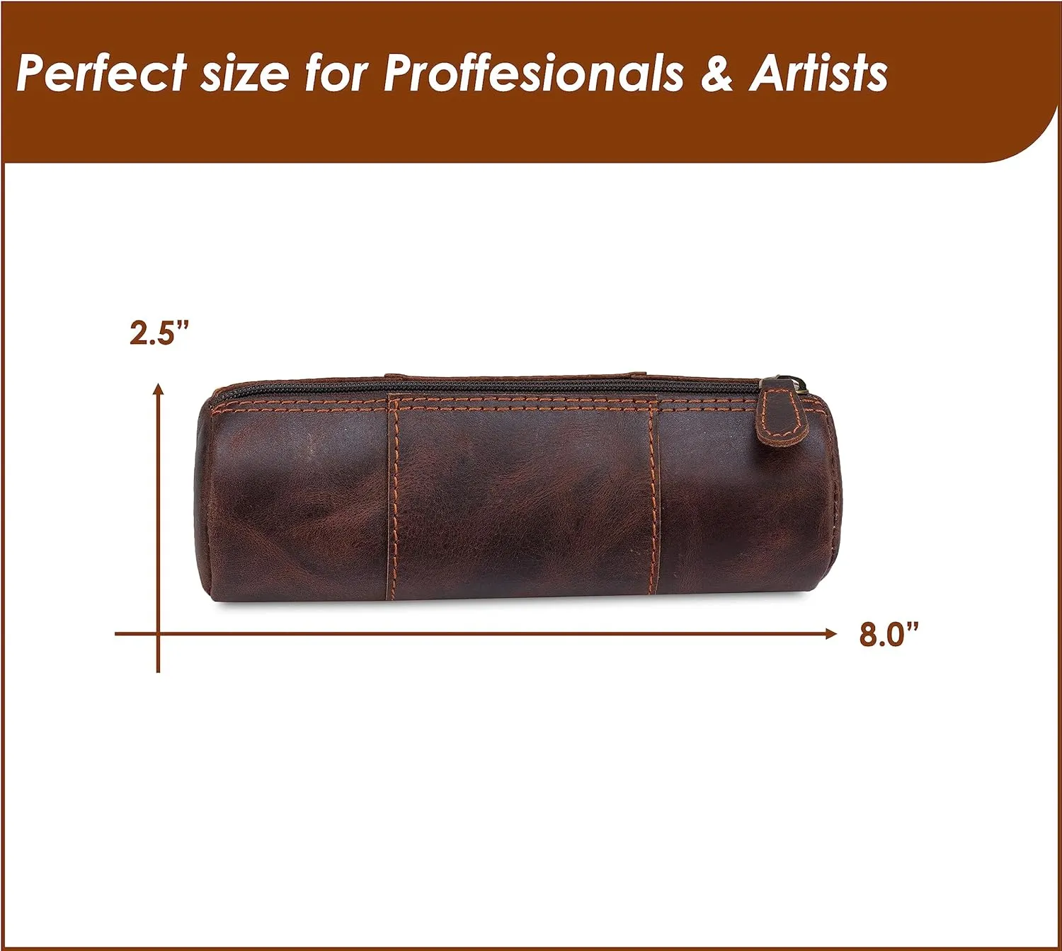The Antiq Brown Leather Pencil Case, Makeup & Stationery Bag, Zipper Pouch for Daily Essentials, Compact & Stylish Cosmetic Pouch, Multifunctional Storage Organizer, Handmade Durable Leather Bag