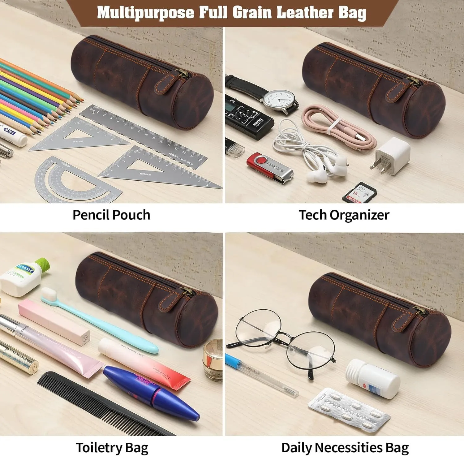 The Antiq Brown Leather Pencil Case, Makeup & Stationery Bag, Zipper Pouch for Daily Essentials, Compact & Stylish Cosmetic Pouch, Multifunctional Storage Organizer, Handmade Durable Leather Bag