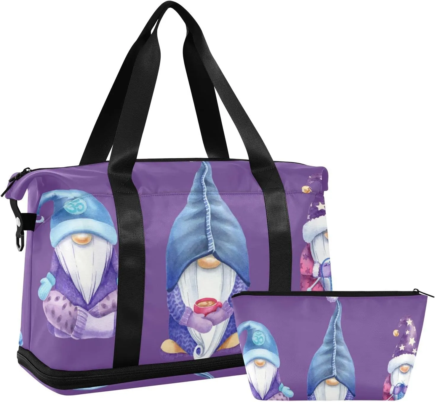 Three Cute Gnomes Dark Purple Gym Bag for Women Sport Travel Duffel Bag Shoulder Weekender Overnight Bags with Wet Pocket & Shoe Compartment
