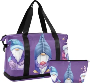 Three Cute Gnomes Dark Purple Gym Bag for Women Sport Travel Duffel Bag Shoulder Weekender Overnight Bags with Wet Pocket & Shoe Compartment