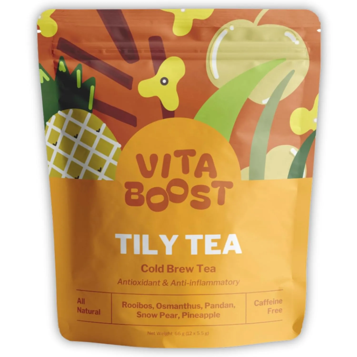 Tily Tea Cold Brew Iced Tea - Vita Boost Flavor - Rooibos, Pandan, Osmanthus, Pineapple & Snow Pear - Antioxidant-Rich, Unsweetened, Caffeine-Free Iced Tea - 12 Biodegradable Tea Bags