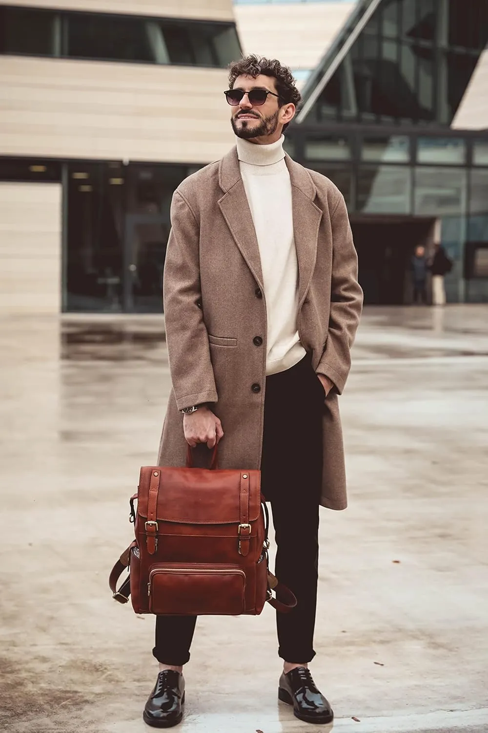 Time Resistance Leather Backpack - Full Grain Real Leather Travel Bag and Carry-On Rucksack (Cognac Brown)
