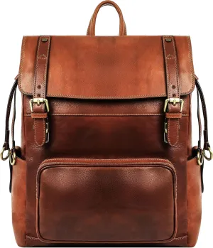 Time Resistance Leather Backpack - Full Grain Real Leather Travel Bag and Carry-On Rucksack (Cognac Brown)