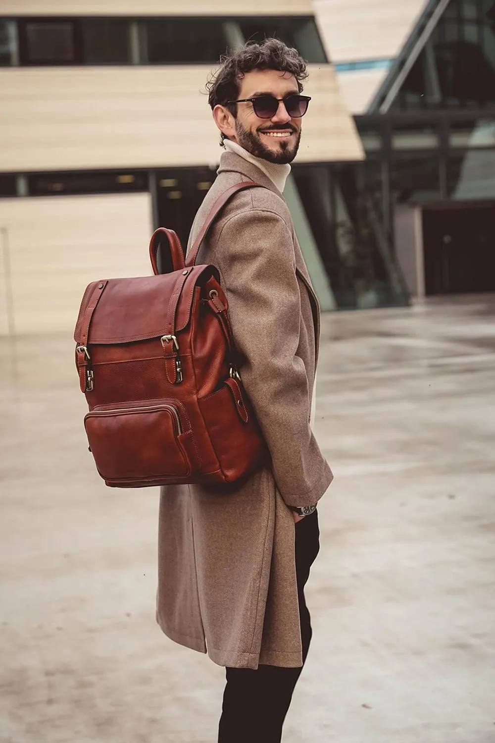 Time Resistance Leather Backpack - Full Grain Real Leather Travel Bag and Carry-On Rucksack (Cognac Brown)