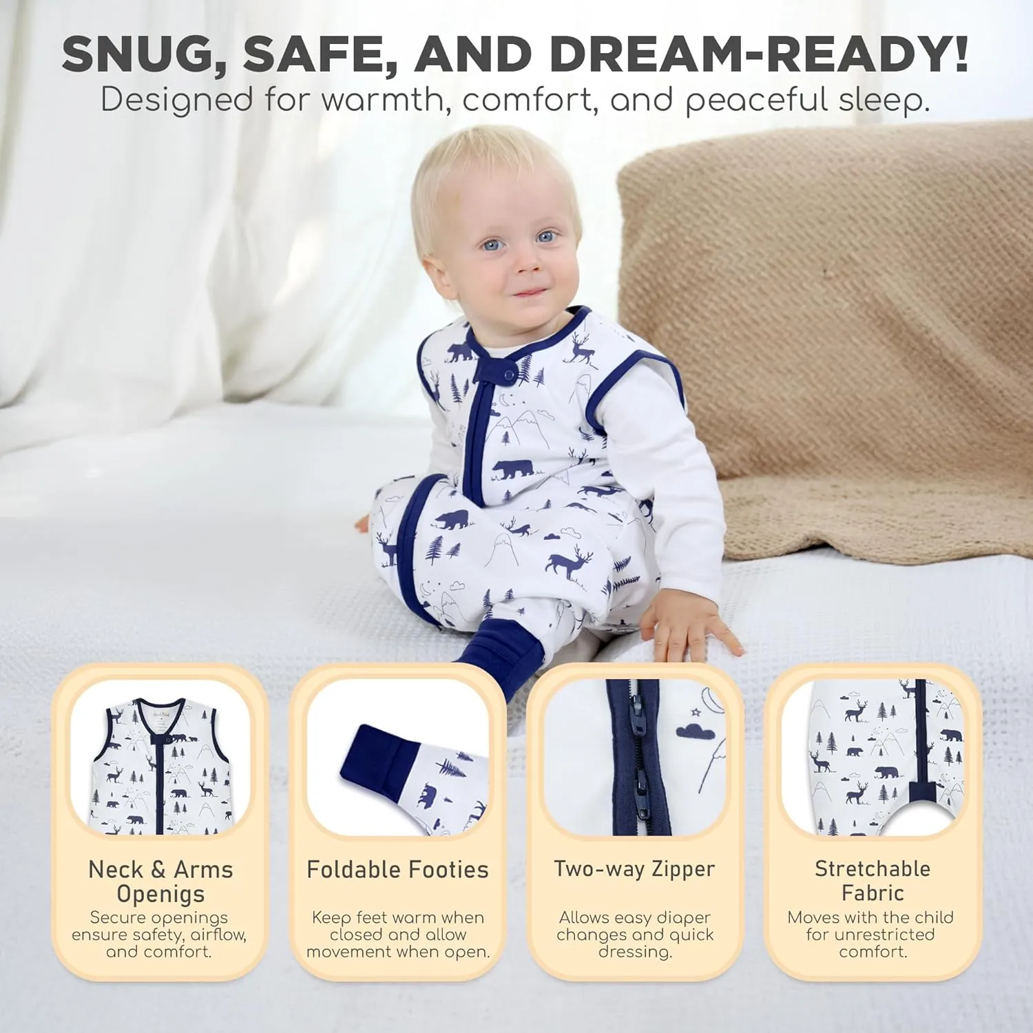 Toddler Sleep Sack with Feet, 0.5 TOG Organic Cotton Baby Sleeping Bag with Legs, Baby Wearable Blankets for Walkers w/ 2-Way Zipper, Baby Sleep Sack for Girls & Boys, Early Walker 18-36 Month