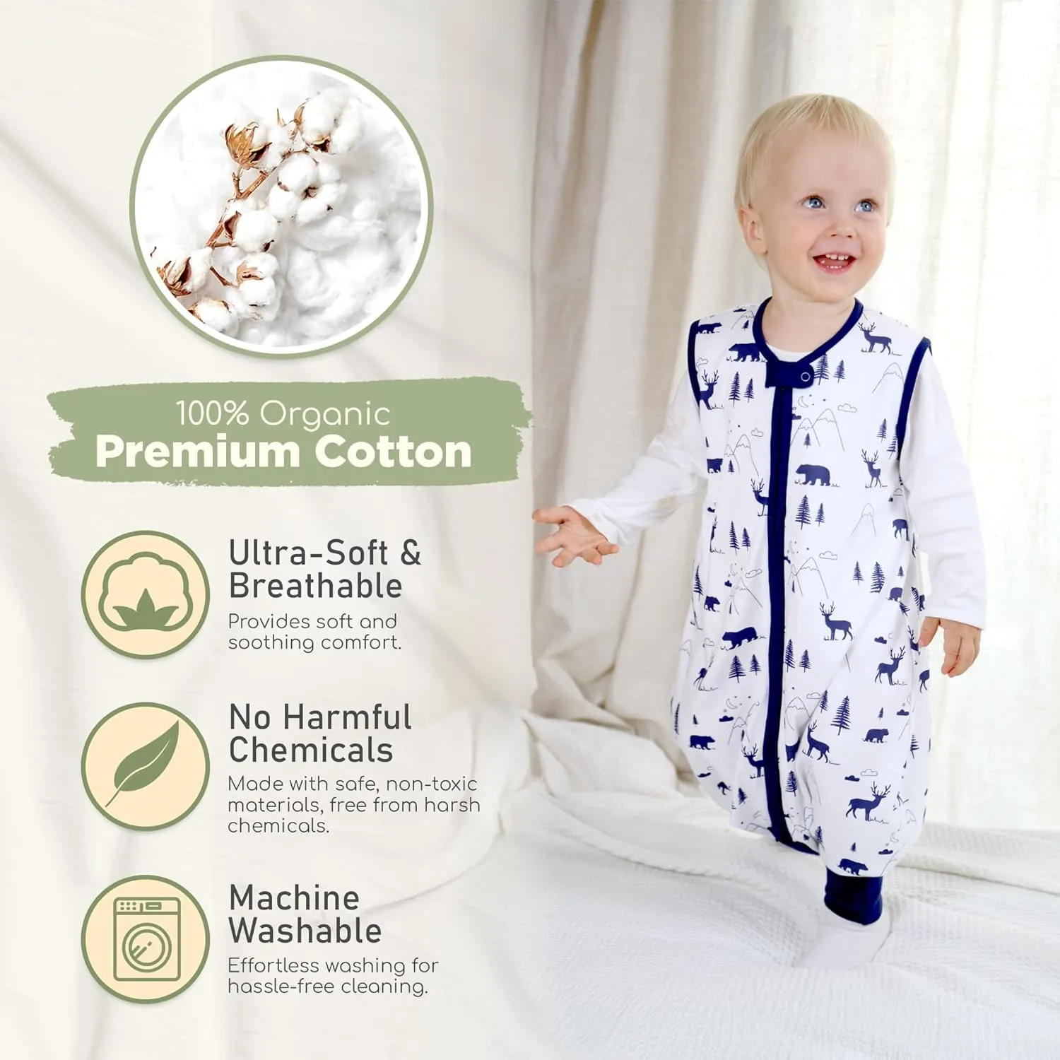 Toddler Sleep Sack with Feet, 0.5 TOG Organic Cotton Baby Sleeping Bag with Legs, Baby Wearable Blankets for Walkers w/ 2-Way Zipper, Baby Sleep Sack for Girls & Boys, Early Walker 18-36 Month