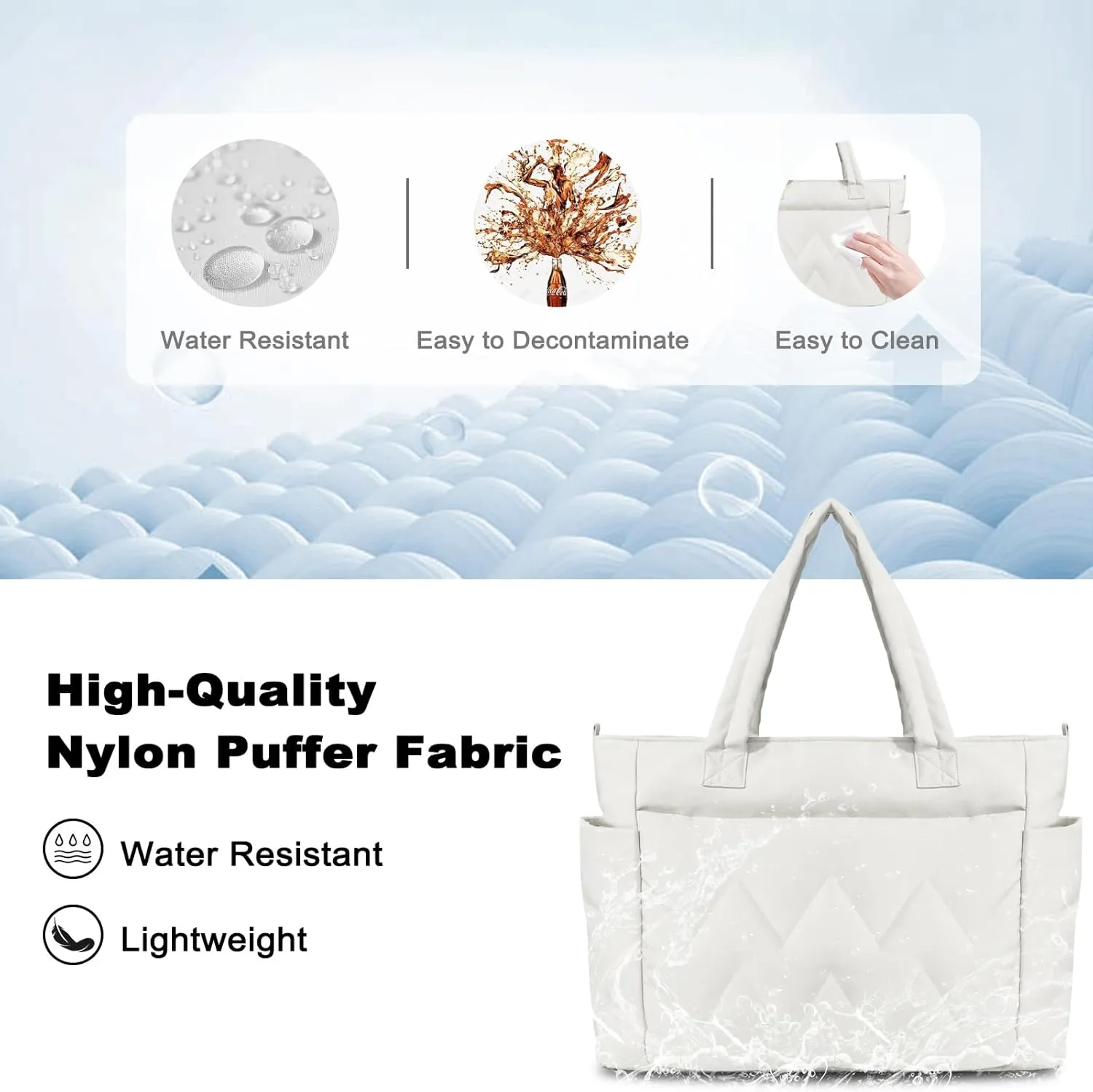 Tote Bag for Women, Lightweight Puffy Tote Bag with Compartments, Large Quilted Shoulder Bag with Zipper