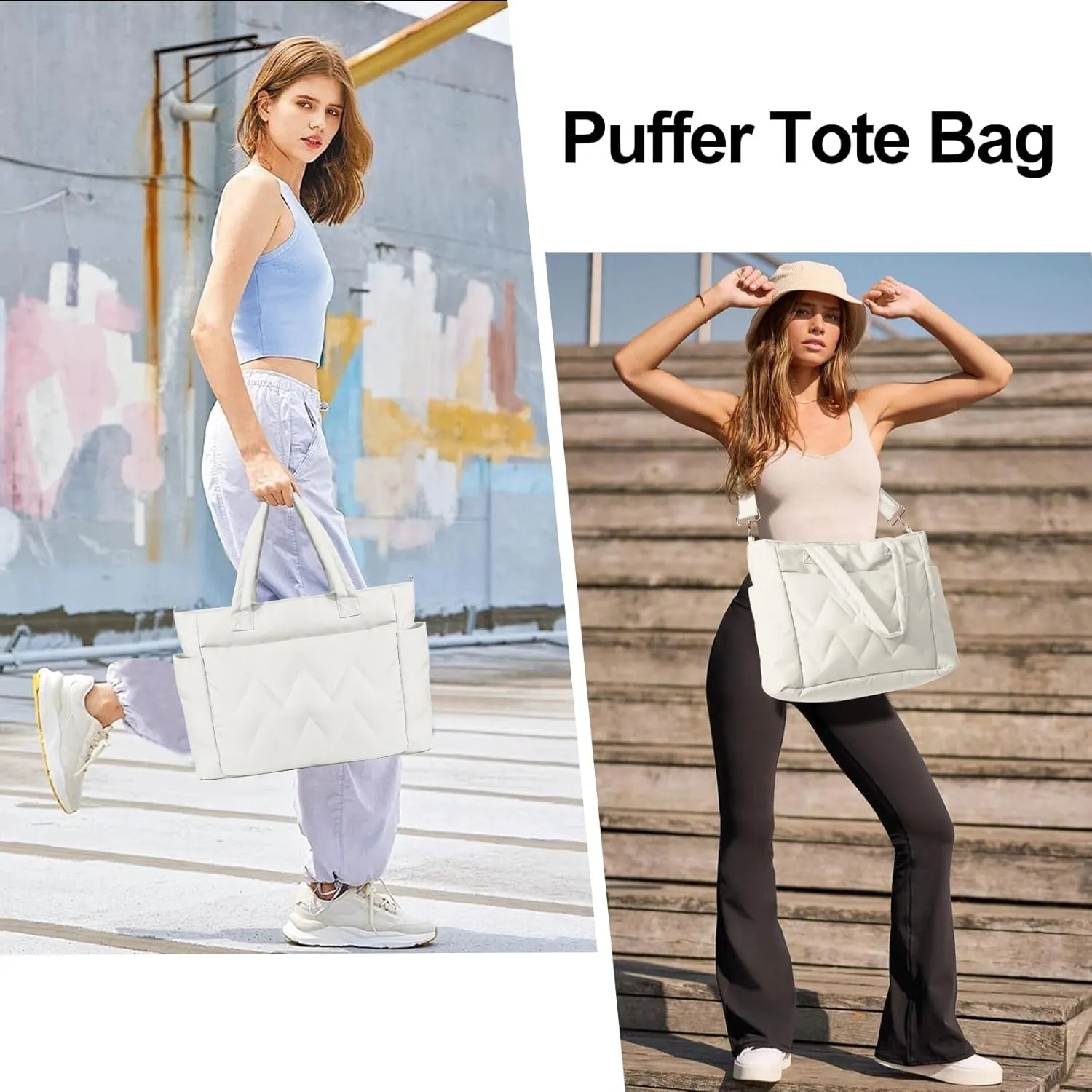 Tote Bag for Women, Lightweight Puffy Tote Bag with Compartments, Large Quilted Shoulder Bag with Zipper