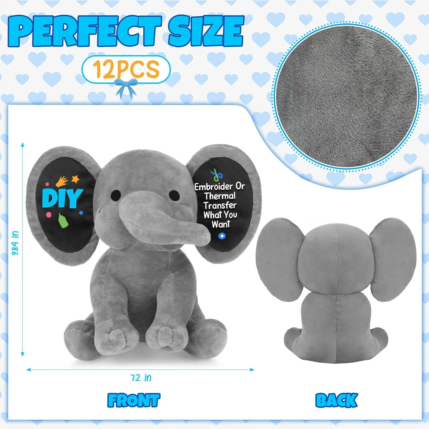 Tradder 12 Pcs Elephant Stuffed Animals 10 Inch Stuff Animal Plush Toy for Baby Shower Cute Soft Elephant Toys for Birth Stats Babies Girls Boys Infant Newborn Party Supplies Graduation Gift(Gray)