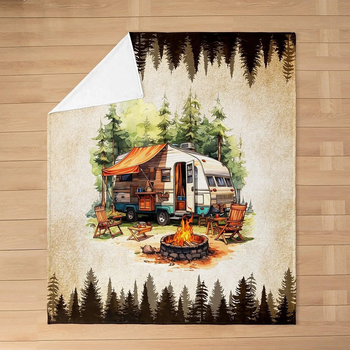 Trailer Nature Camping Flannel Blanket All Seasons,Jungle Pine Trees Retro Brown Bed Blanket for Kawaii Home Decor,Campfire RV Rustic Tourism Blanket for Sofa Couch,40"x50"