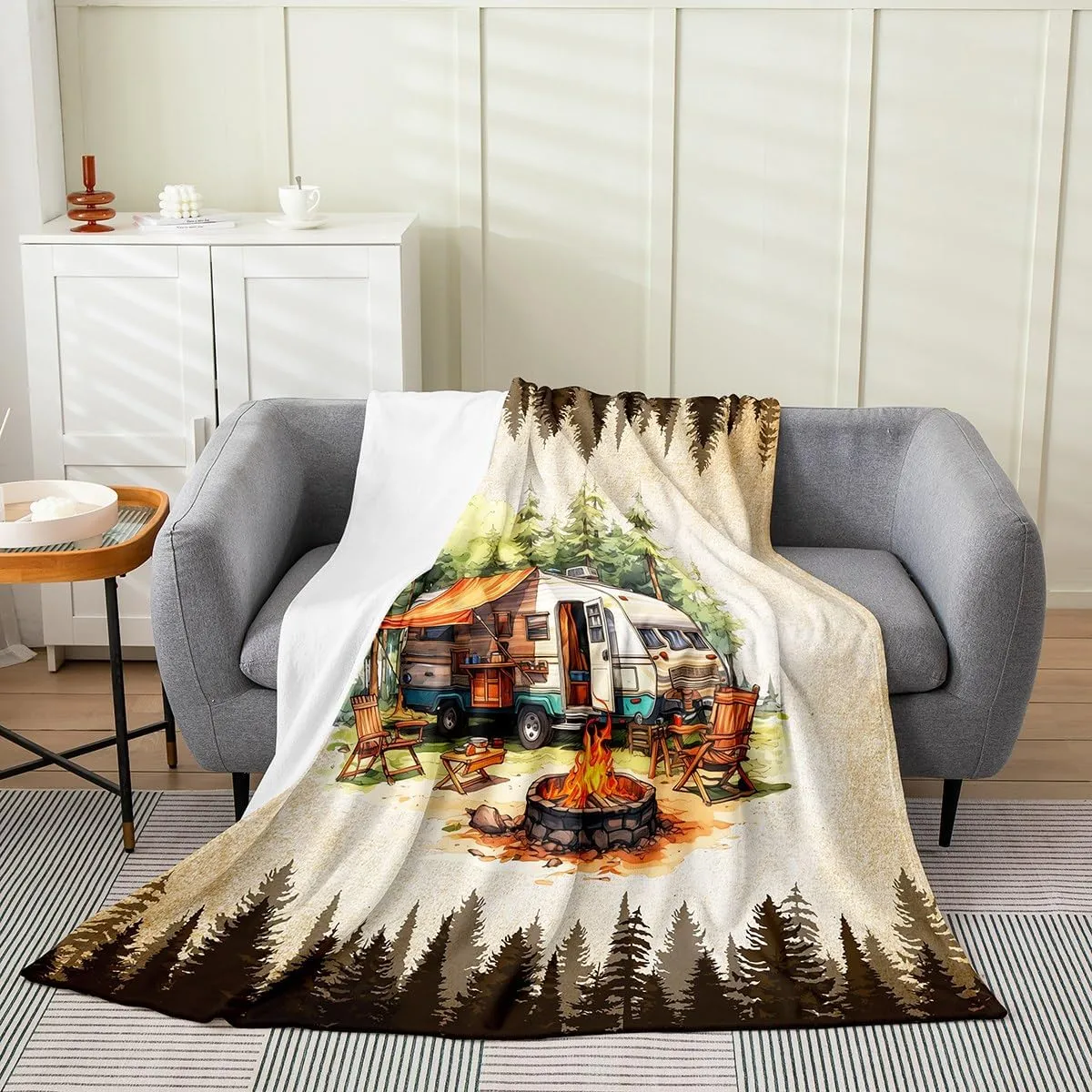 Trailer Nature Camping Flannel Blanket All Seasons,Jungle Pine Trees Retro Brown Bed Blanket for Kawaii Home Decor,Campfire RV Rustic Tourism Blanket for Sofa Couch,40"x50"