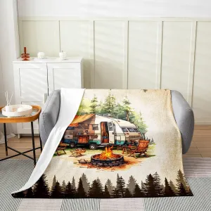 Trailer Nature Camping Flannel Blanket All Seasons,Jungle Pine Trees Retro Brown Bed Blanket for Kawaii Home Decor,Campfire RV Rustic Tourism Blanket for Sofa Couch,40"x50"