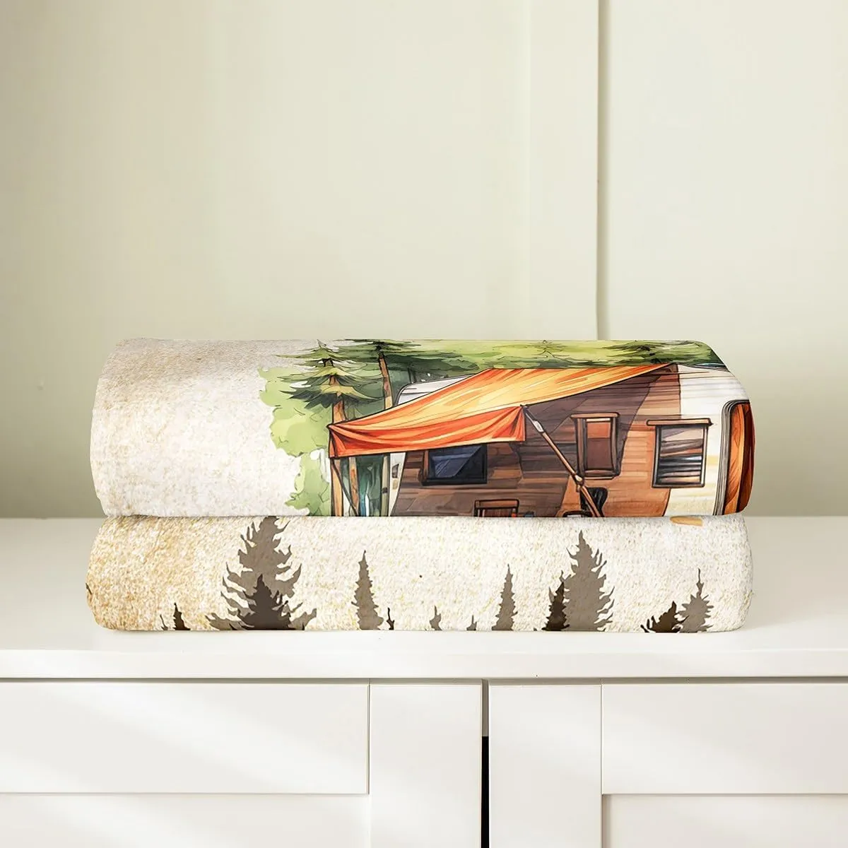 Trailer Nature Camping Flannel Blanket All Seasons,Jungle Pine Trees Retro Brown Bed Blanket for Kawaii Home Decor,Campfire RV Rustic Tourism Blanket for Sofa Couch,40"x50"