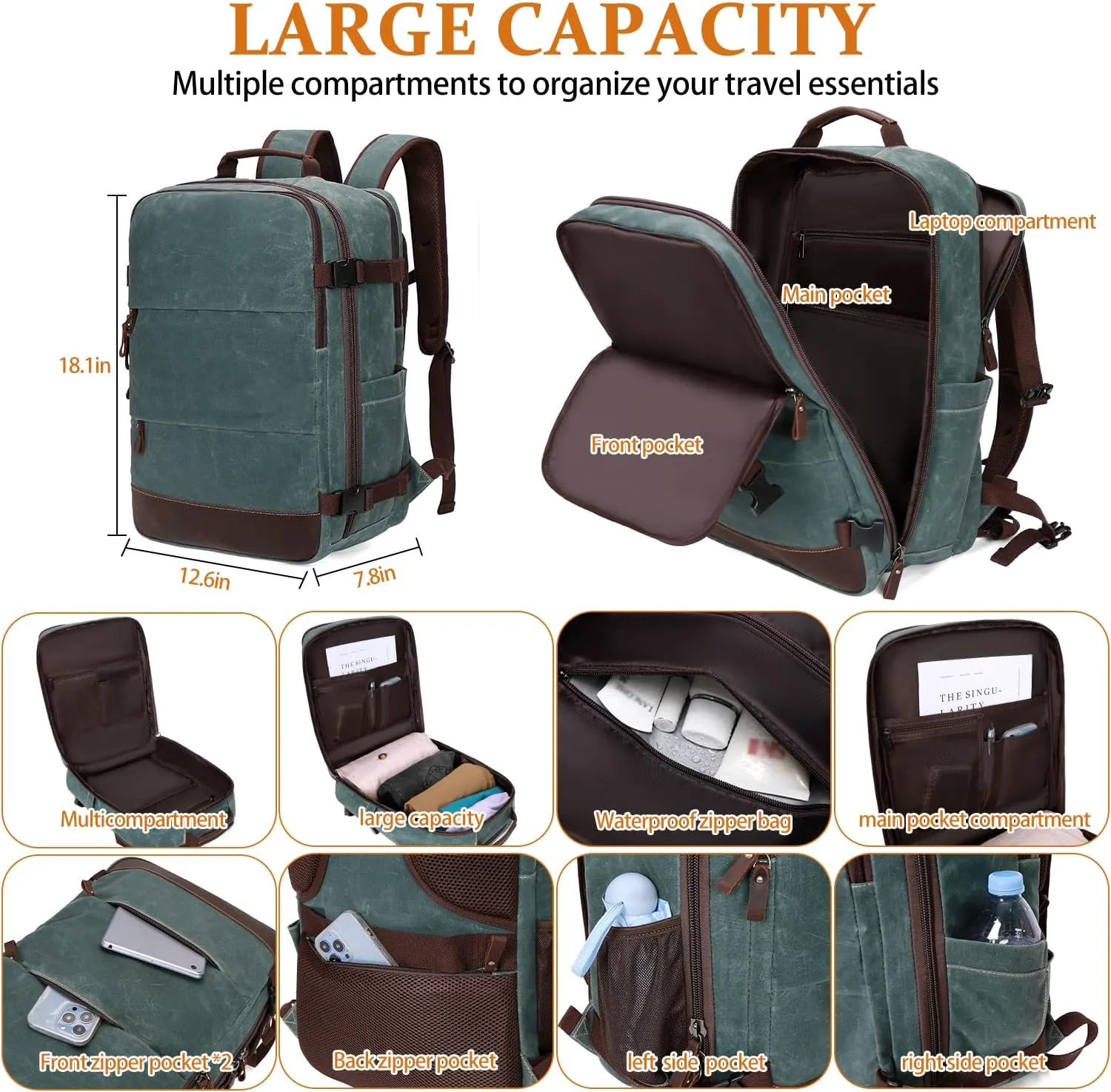 Travel Backpack for Men Carry On Backpack Flight Approved Personal Item Backpack, 18.4 inch Laptop Backpack Casual Daypack Weekender Business Hiking Backpack, Dark Green