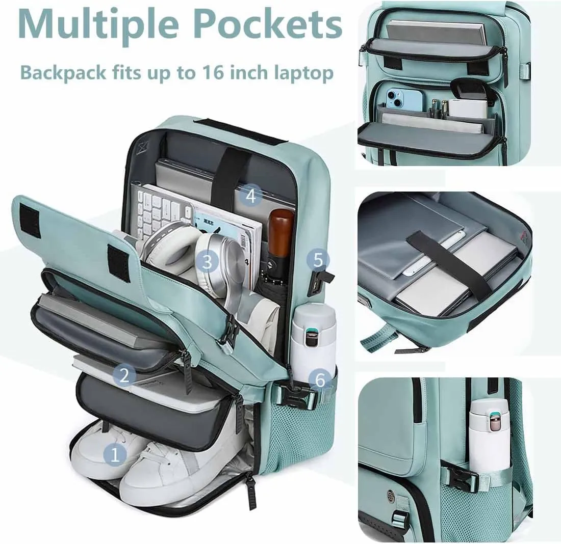 Travel Backpack for Women Men Carry On Backpack fits 16” Laptop Waterproof Convertible Backpack with Shoe Compartment (Dark Green)
