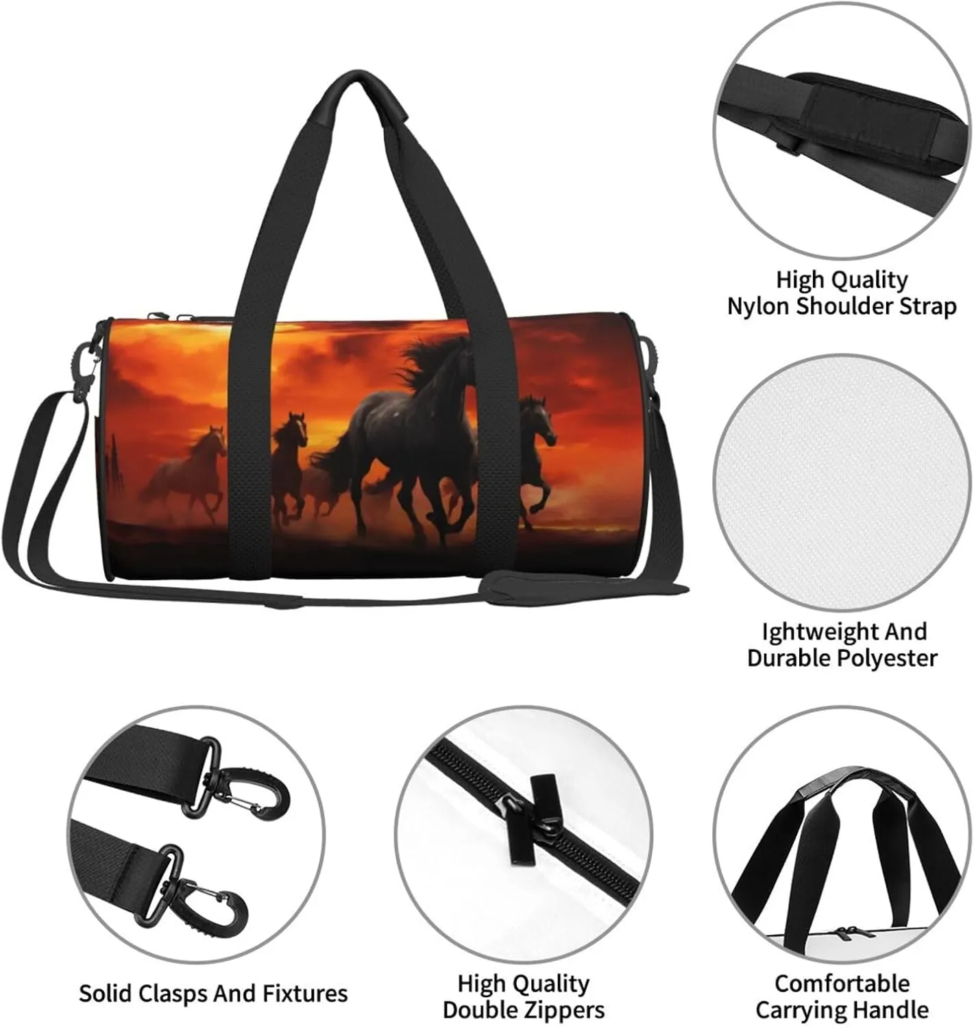 Travel Bag For Women,Horses Red Glowing Clouds Print Personal Item Duffle Bags,Weekend Travel Duffel Tote Bag,Travel Sport Gym Bag For Men,Airplane Travel Essentials For Flying