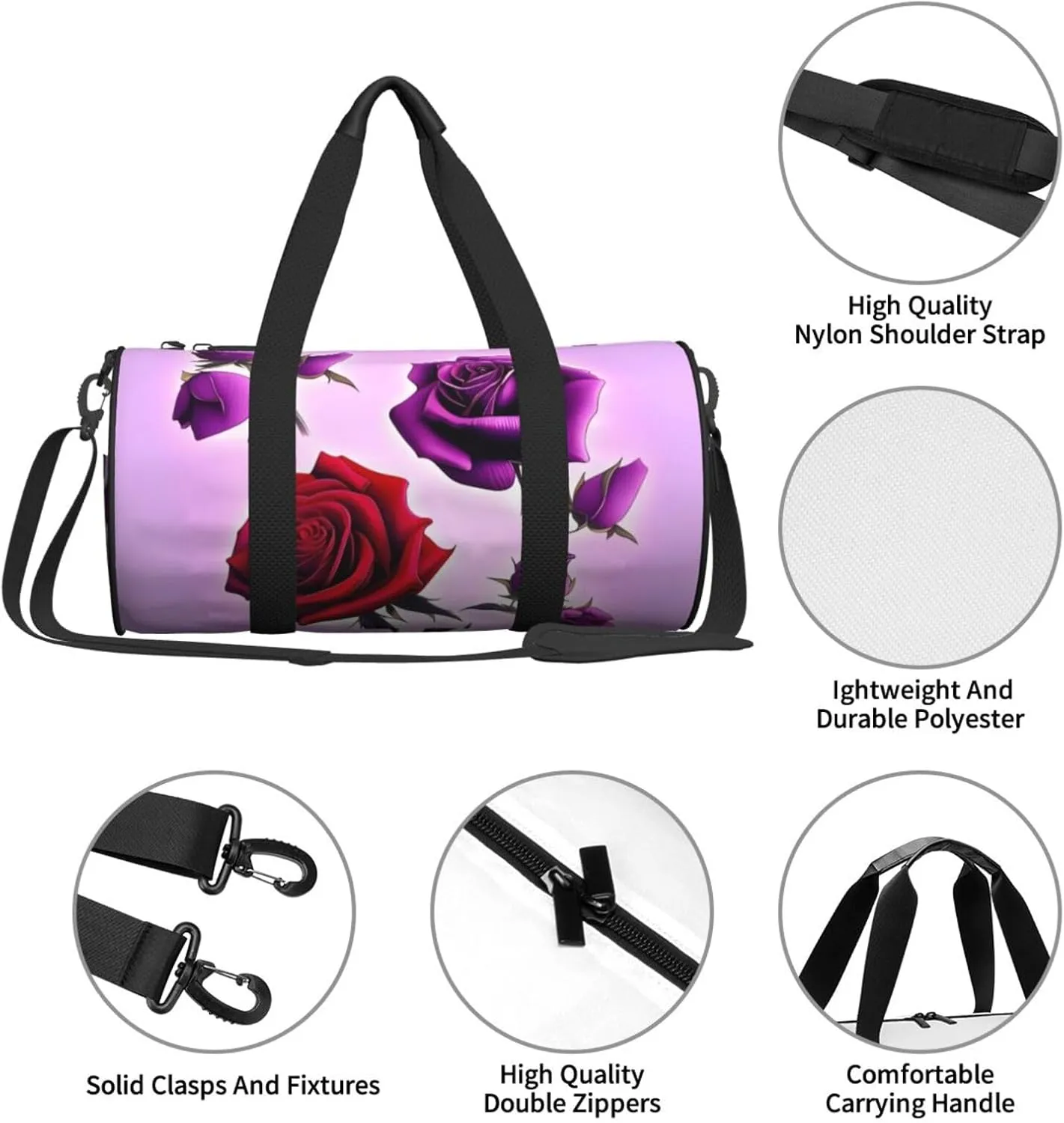 Travel Bag For Women,Red And Purple Roses Print Personal Item Duffle Bags,Weekend Travel Duffel Tote Bag,Travel Sport Gym Bag For Men,Airplane Travel Essentials For Flying