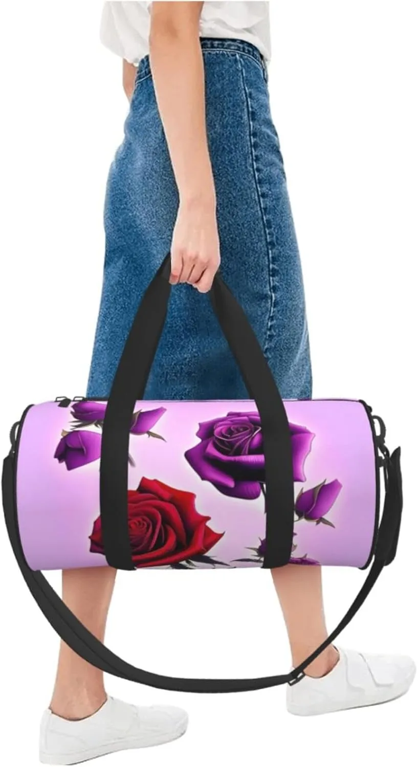 Travel Bag For Women,Red And Purple Roses Print Personal Item Duffle Bags,Weekend Travel Duffel Tote Bag,Travel Sport Gym Bag For Men,Airplane Travel Essentials For Flying