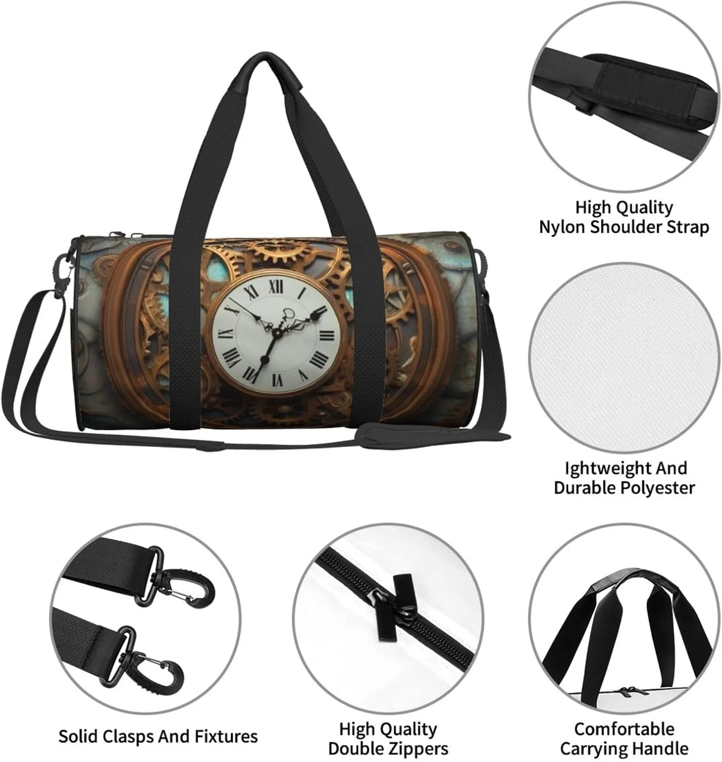 Travel Bag For Women,Rusty Steampunk Clock Print Personal Item Duffle Bags,Weekend Travel Duffel Tote Bag,Travel Sport Gym Bag For Men,Airplane Travel Essentials For Flying