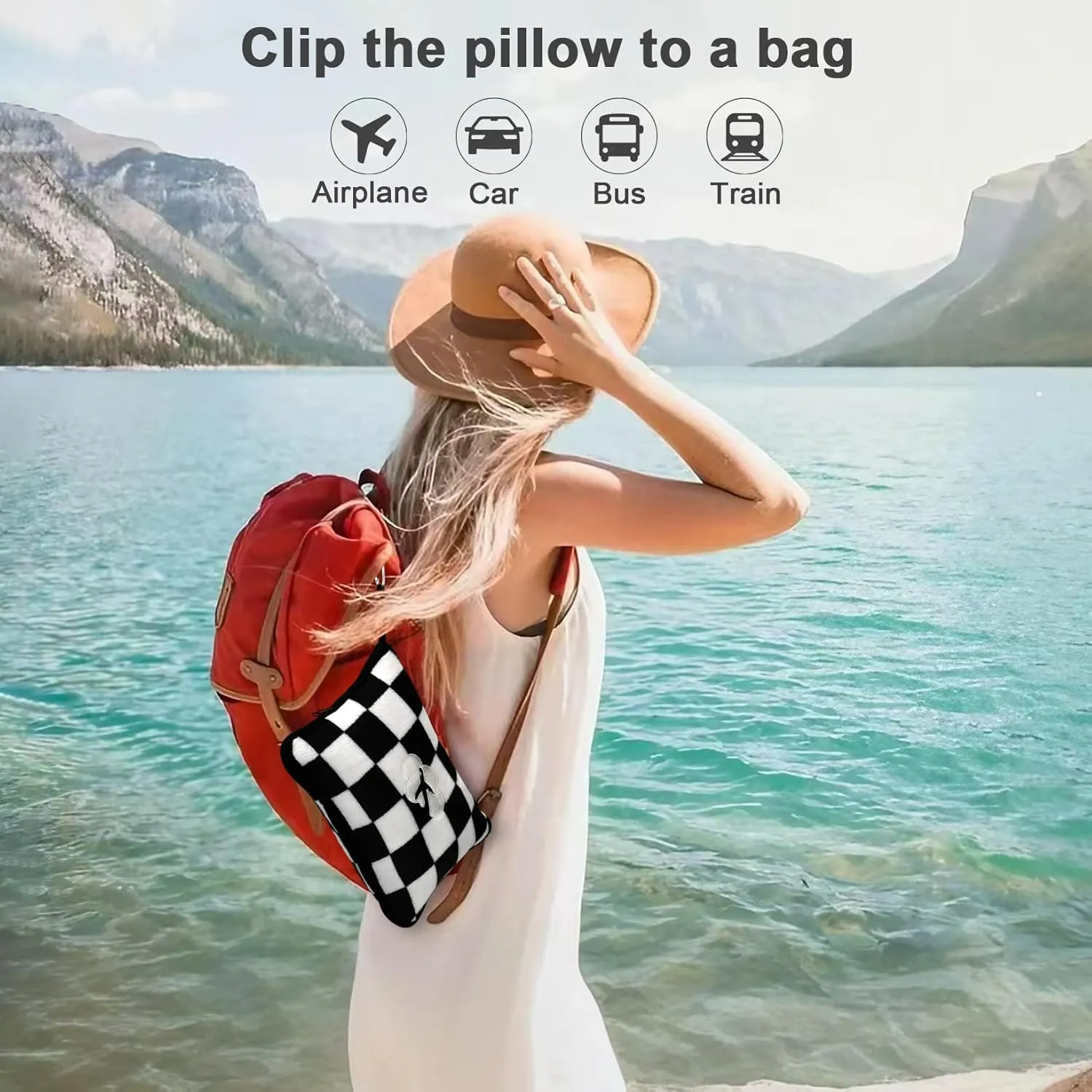 Travel Blanket and Pillow Compact, Premium Soft 2 in 1 Airplane Blanket with Soft Bag Pillowcase，Hand Luggage Sleeve and Backpack Clip (Checkered Black)