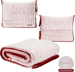 Travel Blanket and Pillow Set，Airplane Blanket Compact 2-in-1 Soft Bag，Travel Essentials for Flight，Plane Car Traveling Gift Accessories，Luggage Backpack Strap 65"x50" (Ⅱ-White Red)