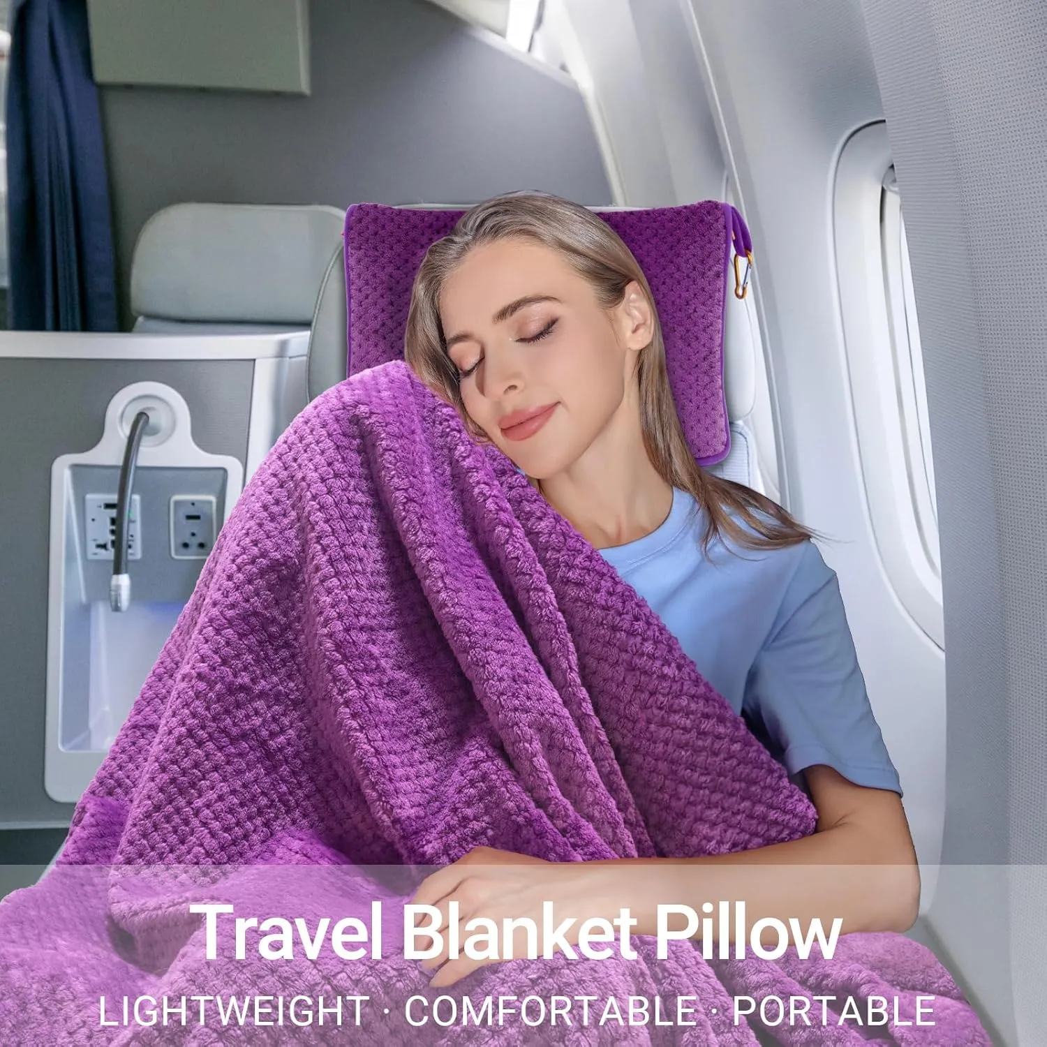 Travel Blanket Pillow-Premium Soft 2 in 1 Airplane Blanket for Long Trips Essentials with Bag Pillowcase, Hand Luggage Sleeve and Backpack Clip (Violet)