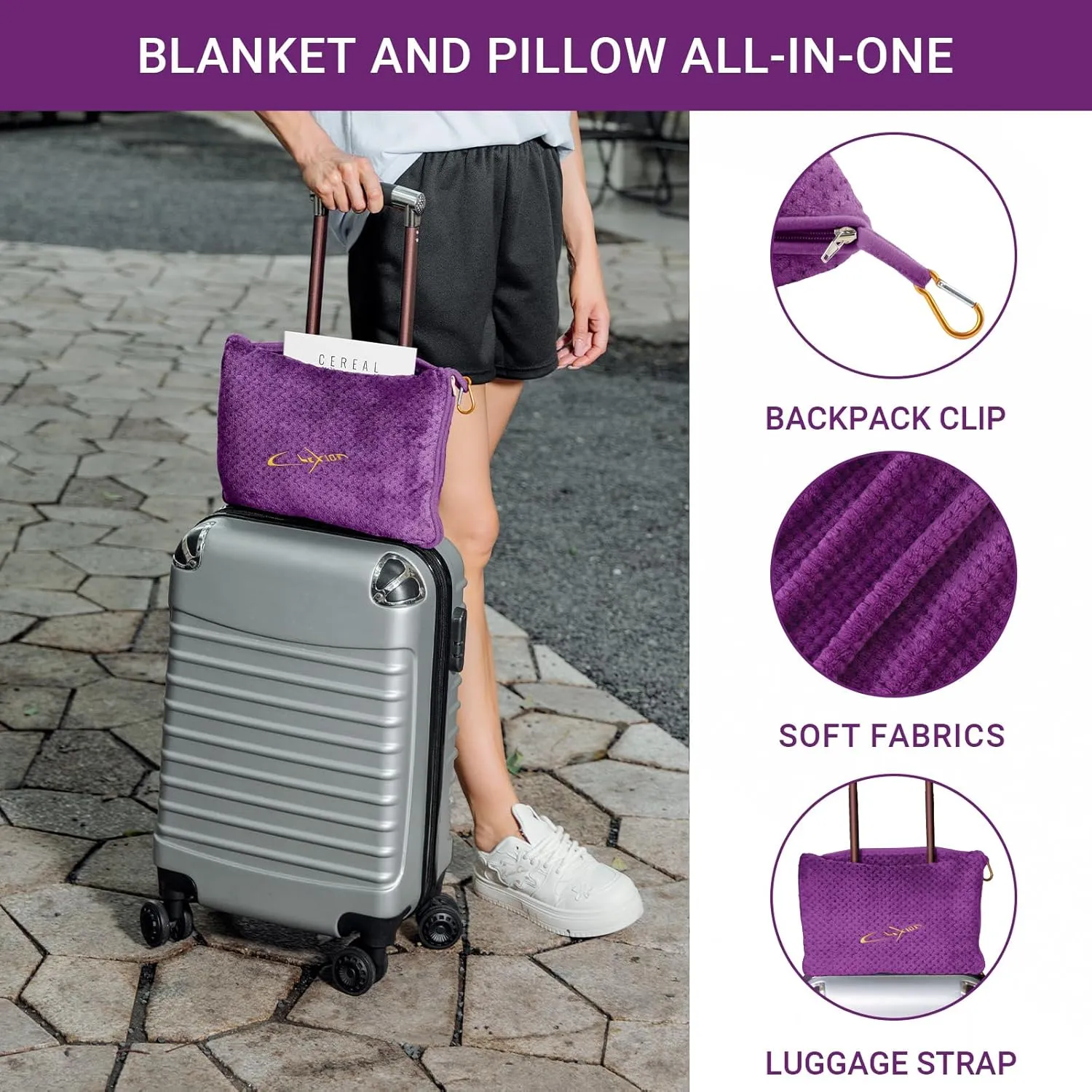 Travel Blanket Pillow-Premium Soft 2 in 1 Airplane Blanket for Long Trips Essentials with Bag Pillowcase, Hand Luggage Sleeve and Backpack Clip (Violet)