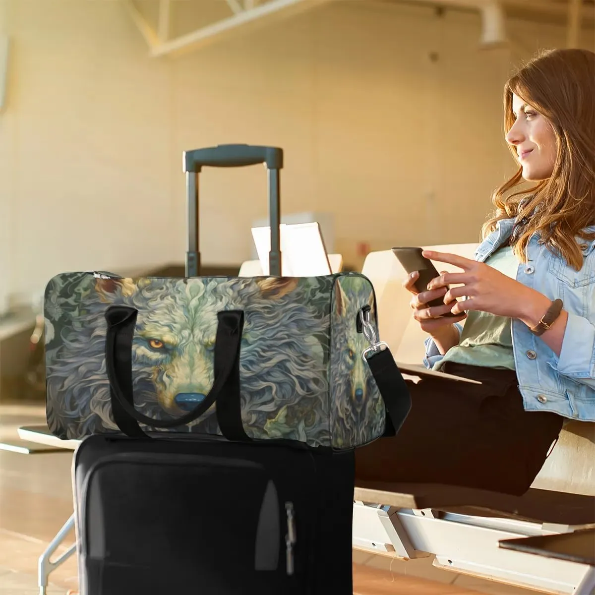 Travel Duffel Bag, Boho Animal Wolf Sports Tote Gym Bag Foldable Western Aztec Weekender Bag Carry on Luggage Handle Bag Overnight Shoulder Bag for Women Men,A-1079