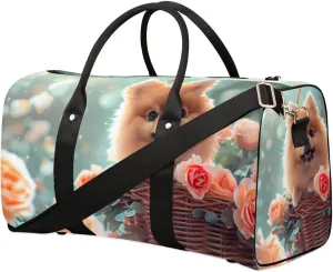 Travel Duffel Bag, Cute Animal Puppy Rose Sports Tote Gym Bag Foldable Western Aztec Weekender Bag Carry on Luggage Handle Bag Overnight Shoulder Bag for Women Men,A-1701