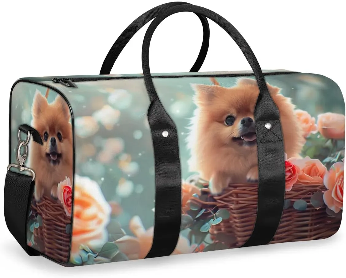 Travel Duffel Bag, Cute Animal Puppy Rose Sports Tote Gym Bag Foldable Western Aztec Weekender Bag Carry on Luggage Handle Bag Overnight Shoulder Bag for Women Men,A-1701